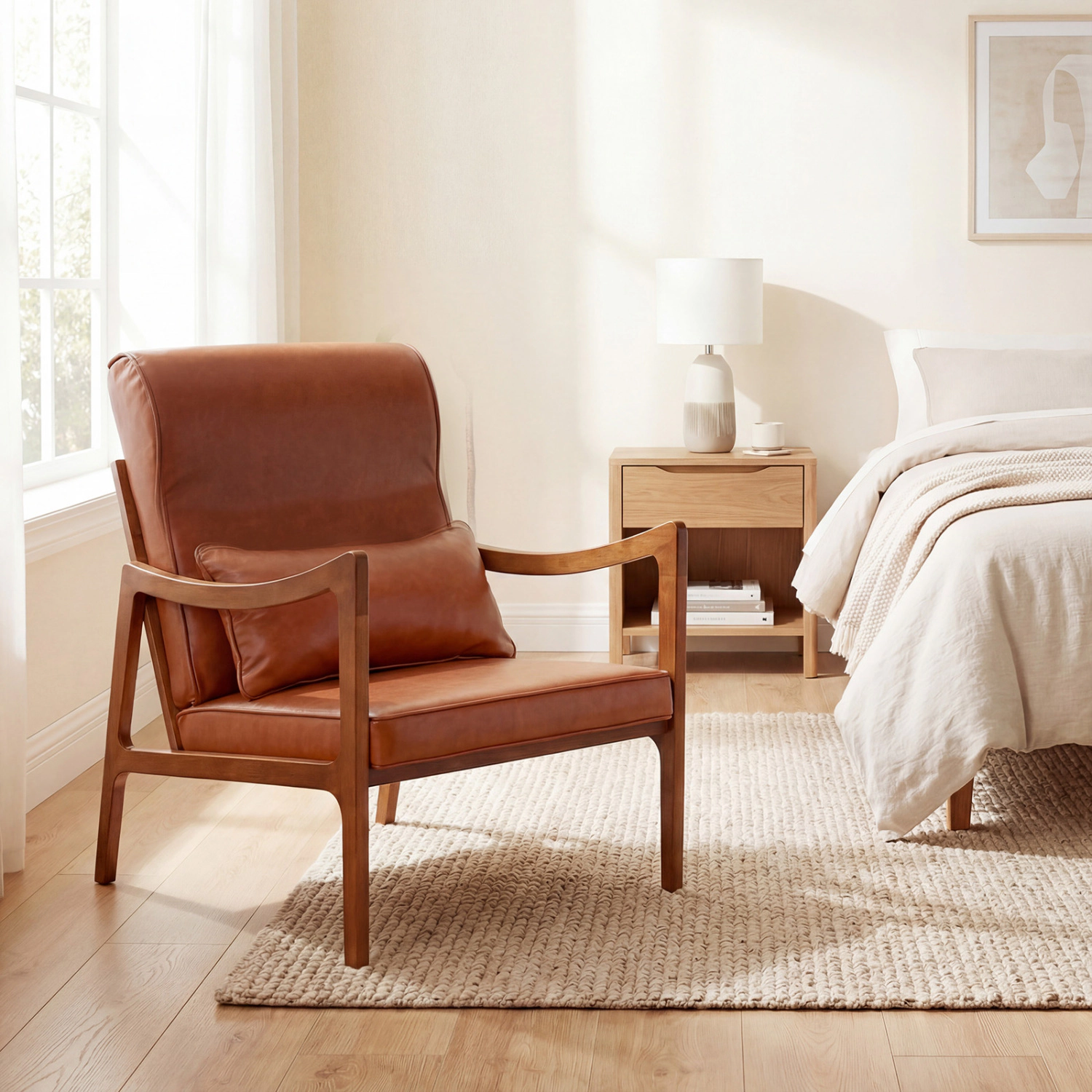 LJG Modern Accent Chair with Solid Rubber Wood Faux Leather Upholstered Armchair
