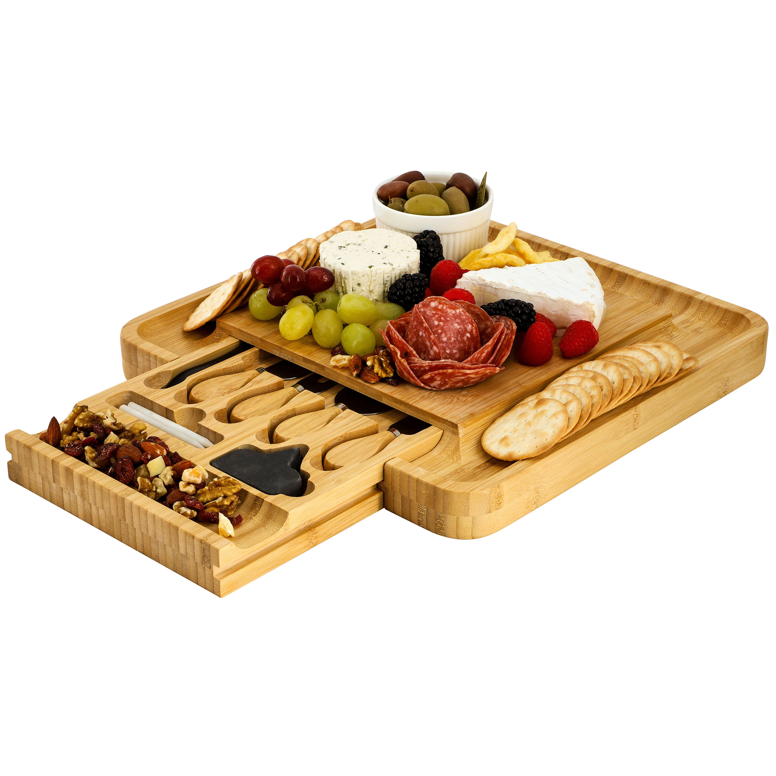 MegaChef Bamboo Charcuterie Cheese Board Slide Out Drawer Cheese Utensils, Bottle Opener, 3 Piece Mini Chalkboard Set