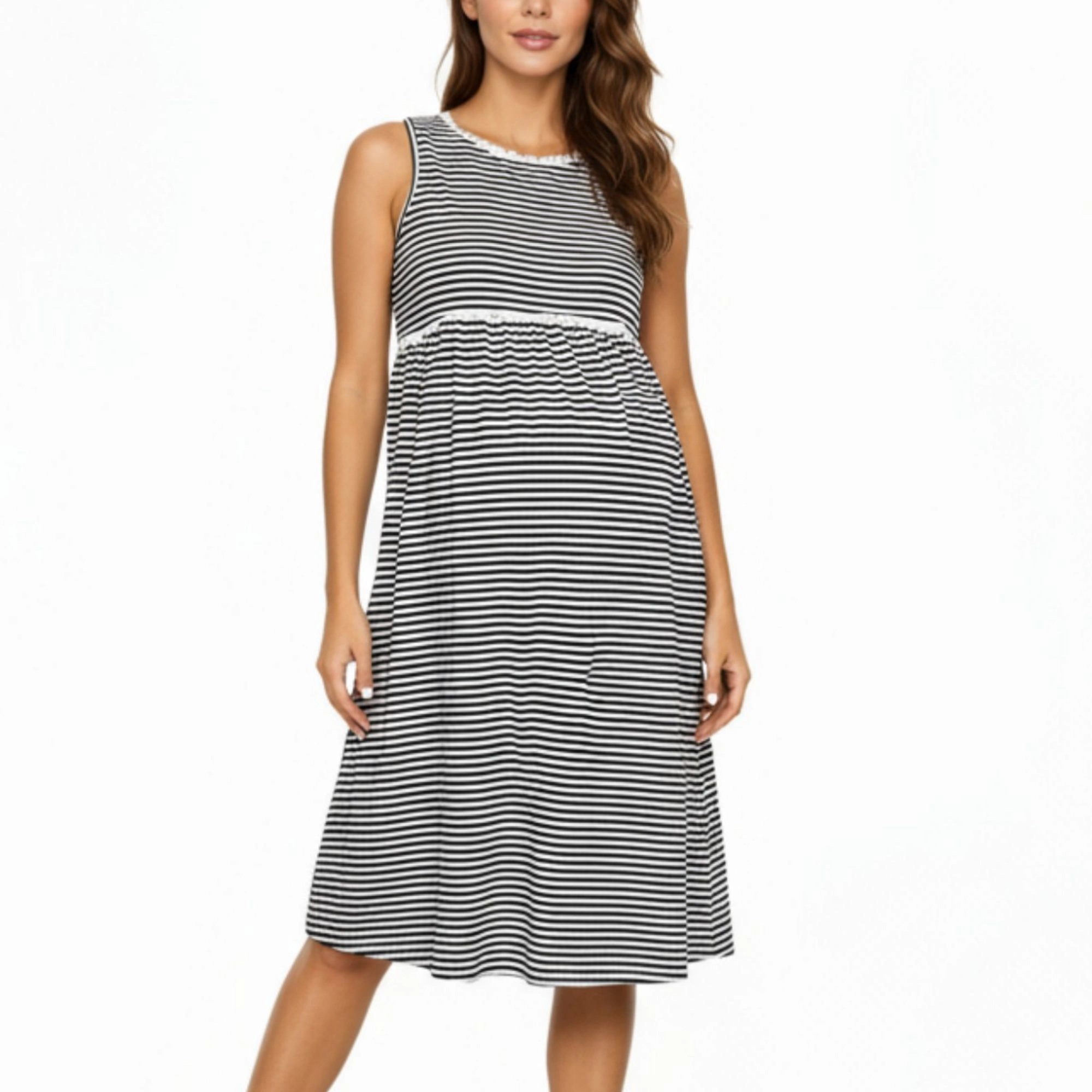 Anna-Kaci Women's Maternity Sleeveless Stripe Soft Stretch Knit Fabric Flattering Empire Waist Midi Dress