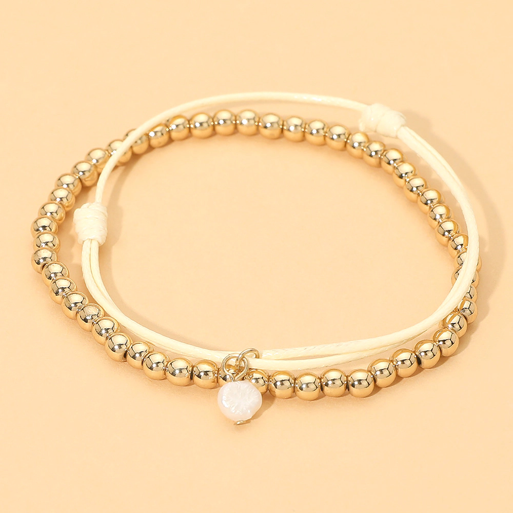 FASHNZFAB 2PCS - Metal Ball Stretch Pearl Charm Adjustable Bracelets - Gold, Ivory