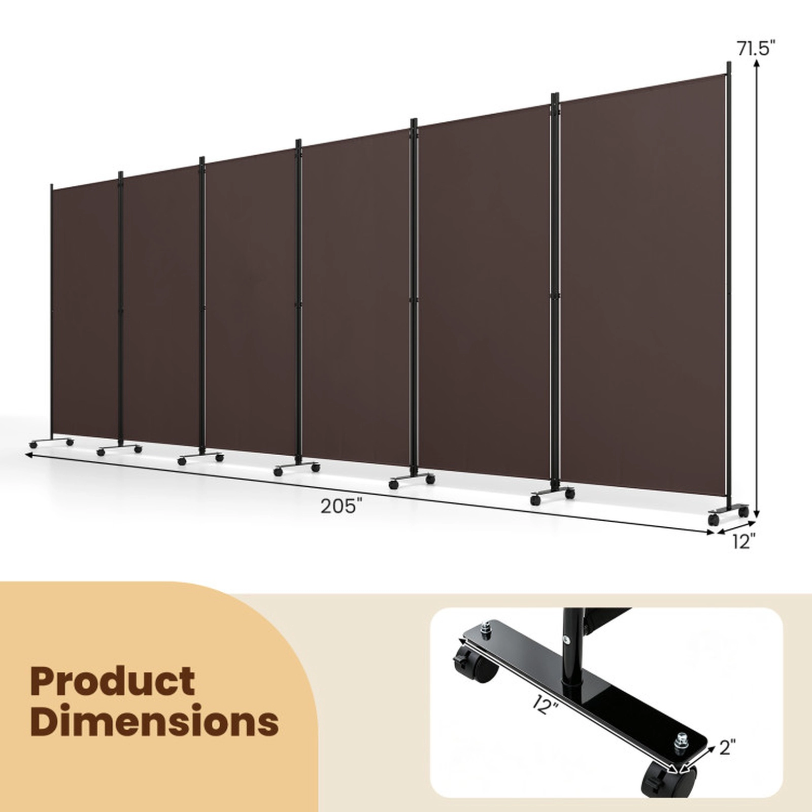SUGIFT Coffee 6-Panel 71.5-in Tall Folding Room Divider Partition Screen on Wheels with Buckle Hinges