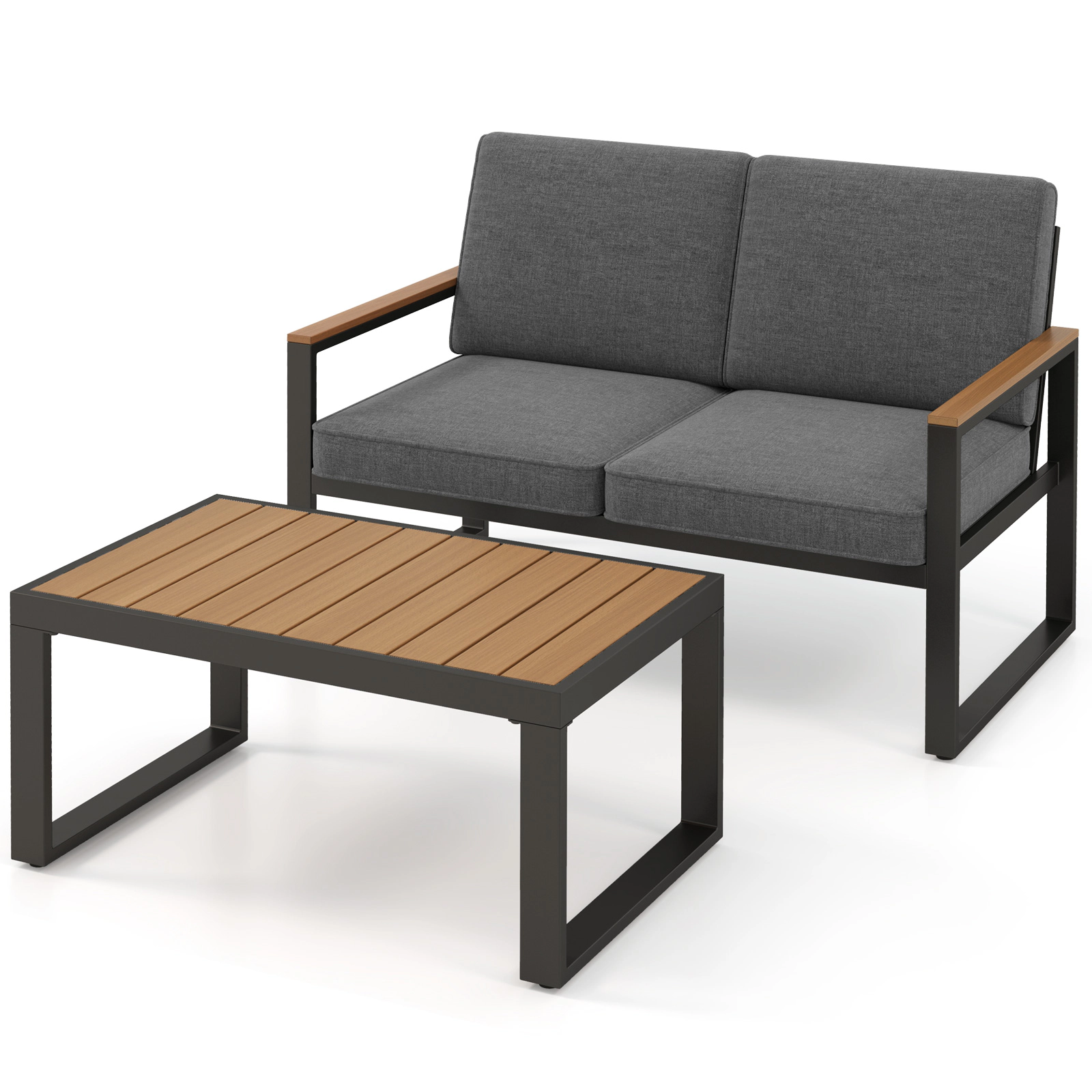LJG 2 Piece Patio Aluminum Furniture Set with Wood-Plastic Armrests and Tabletop