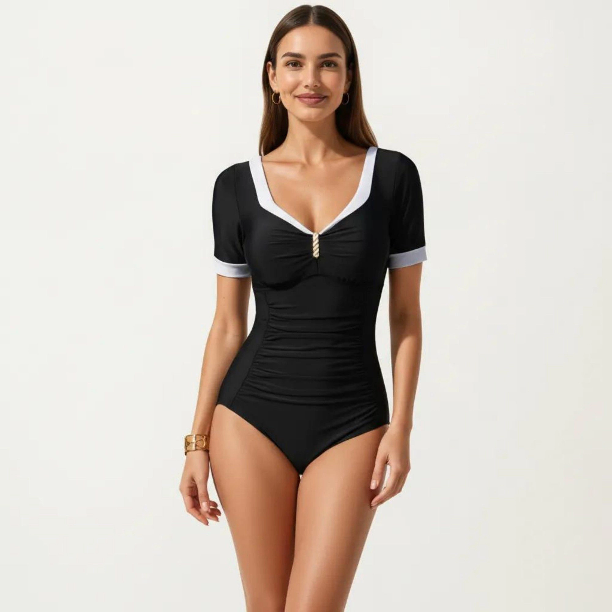 Anna-Kaci Women One Piece Swimsuit - Short Sleeve V-Neck with Contrast Trim and Ruched Waist