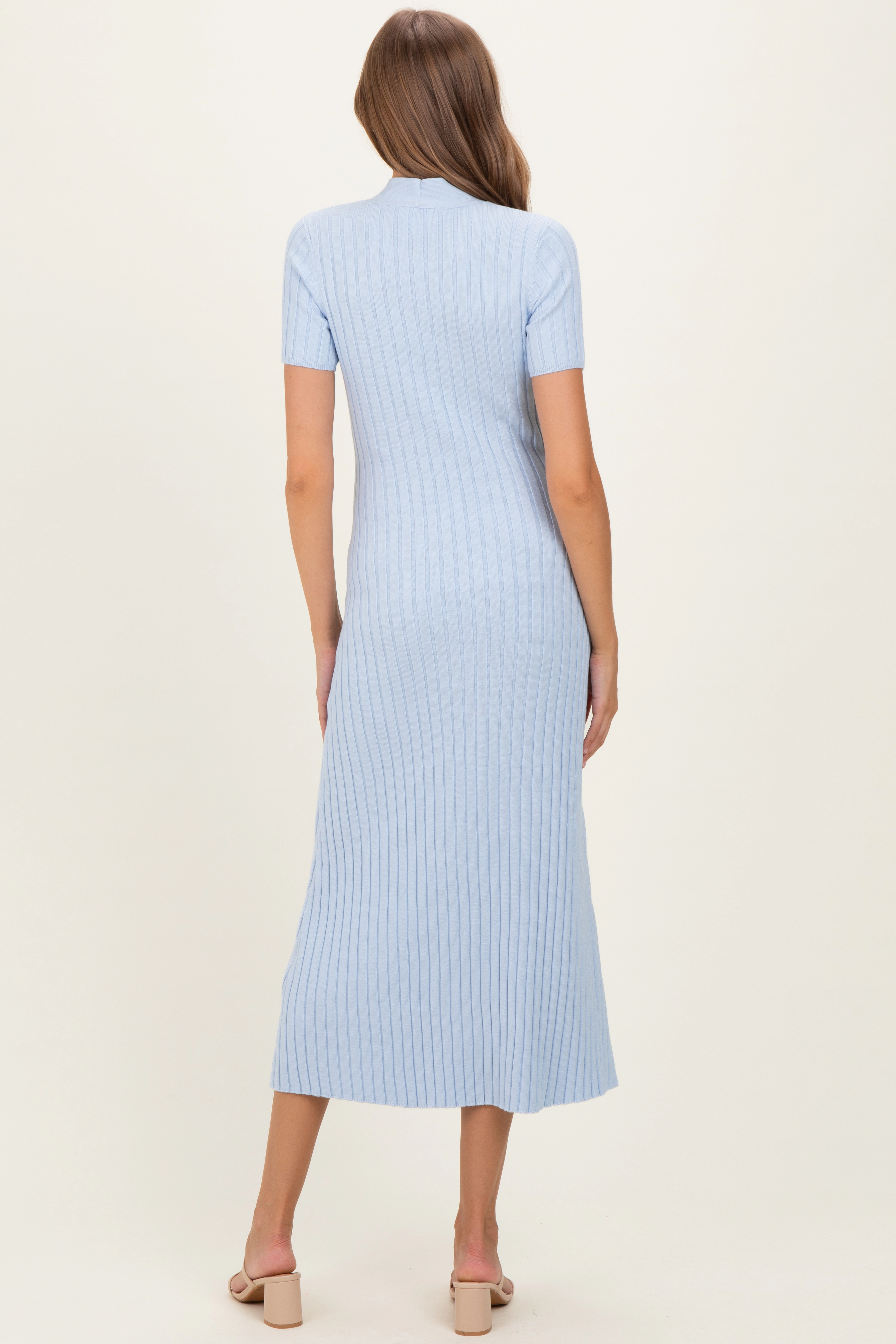 PinkBlush Womens Sky Blue Ribbed Knit Tie Neck Maternity Midi Dress