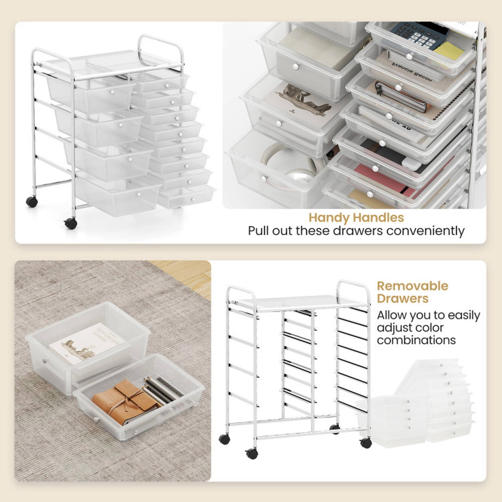 SUGIFT 12-Drawer Utility Rolling Cart 8 Small 4 Large Removable Drawers 22-lb Tabletop Capacity Transparent