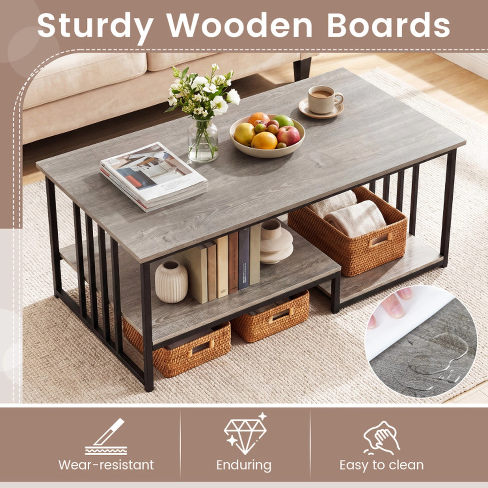 SUGIFT 43.5-in 2-Tier 110-lb Capacity Oak Rustic Wood Grain Coffee Table with Open Shelf and Metal Frame