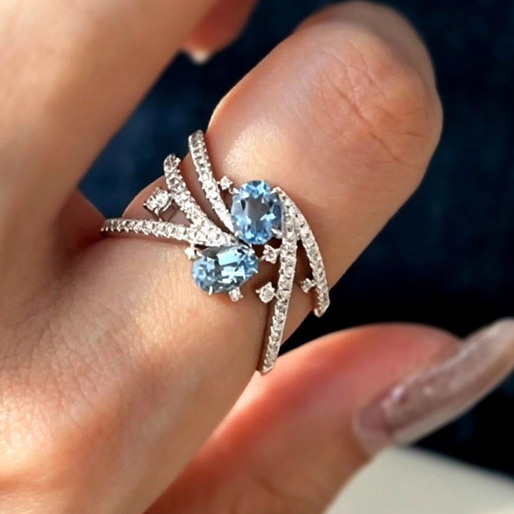 Oval Blue Cubic Zirconia Crossover Statement Ring Twisted Pave Band Cocktail Ring