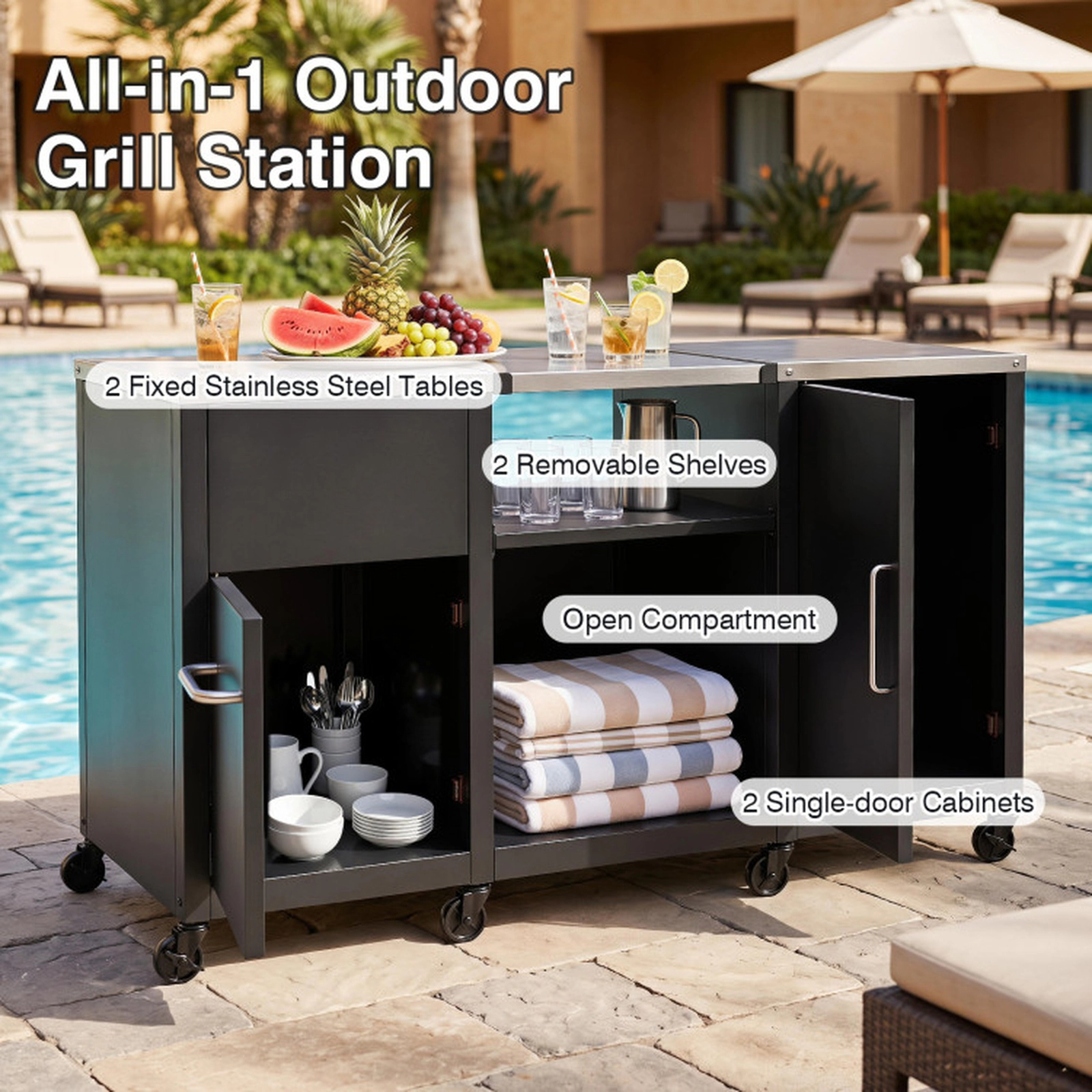SUGIFT 880-lb Capacity 59-in Black Outdoor Grill Table with Stainless Top 3 Cabinets and 8 Wheels