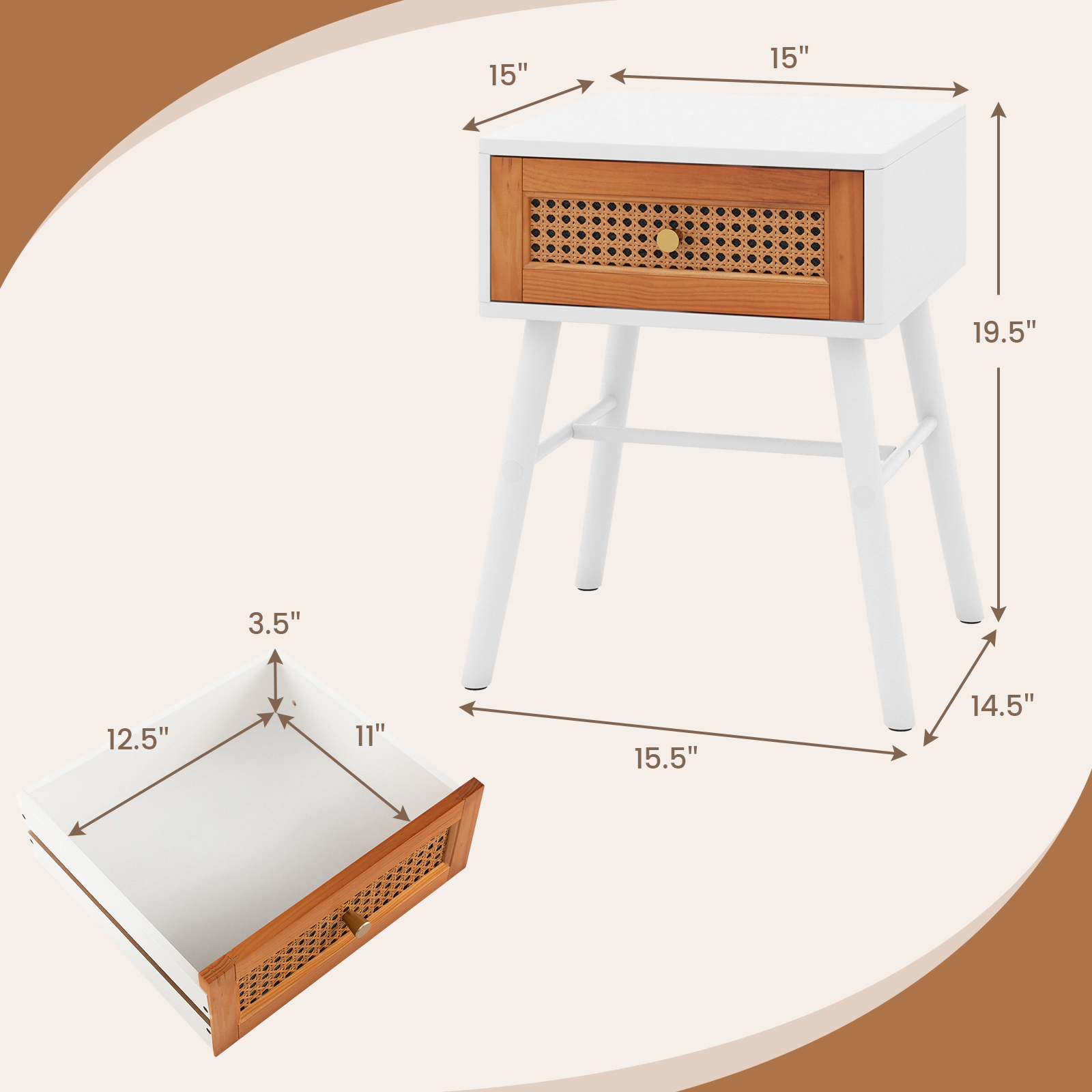 SUGIFT Rattan Drawer Mid Century Nightstand Accent Table 110-lb Tabletop Capacity White + Brown