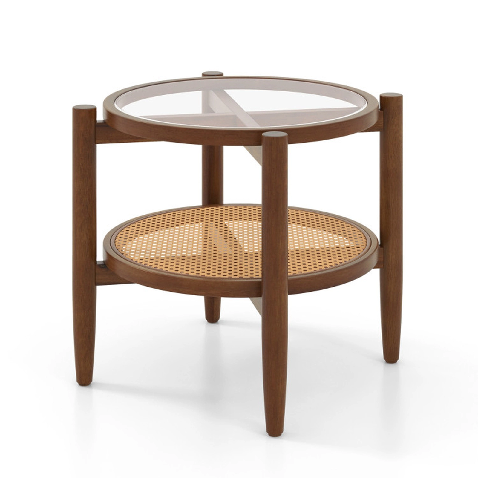 SUGIFT Tempered Glass Top and Woven Rattan Lower Shelf Walnut Round Side Table