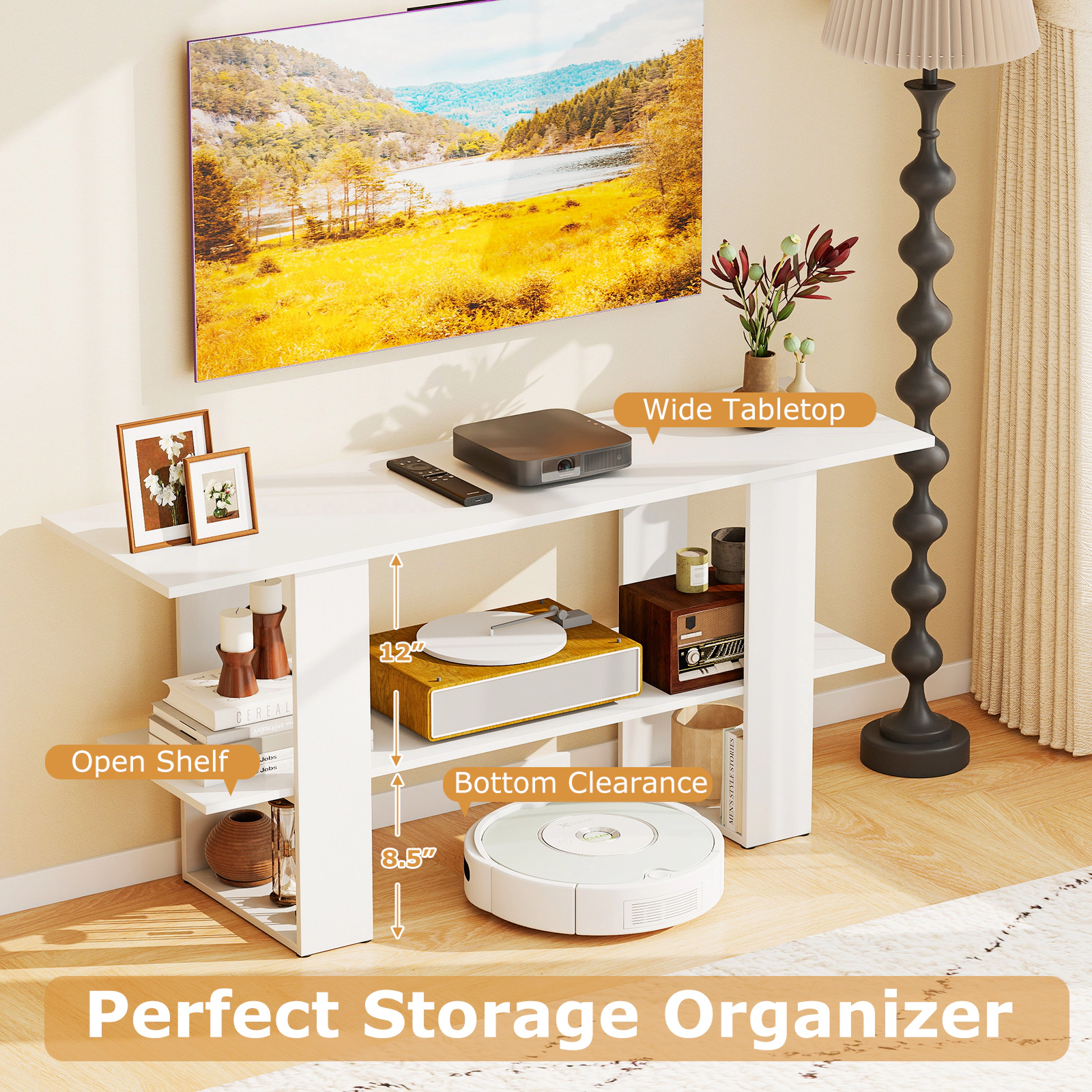 Glintex 2-Tier 48-Inch TV Stand with 8.5-Inch Floor Clearance, White