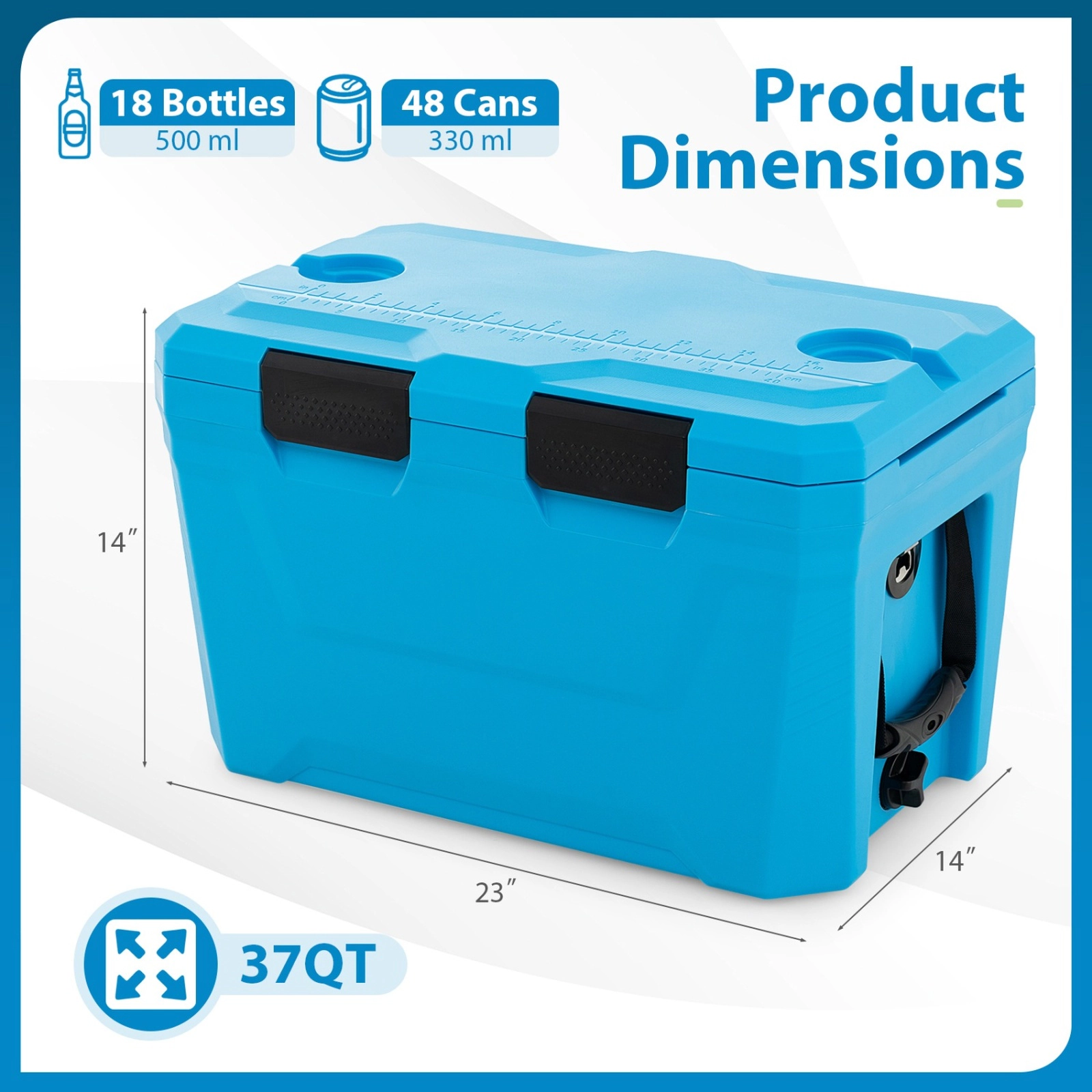 SUGIFT Blue 37-qt Hard Shell Insulated Cooler Ice Chest with 2 Cup Holders Bottle Opener and Fish Ruler