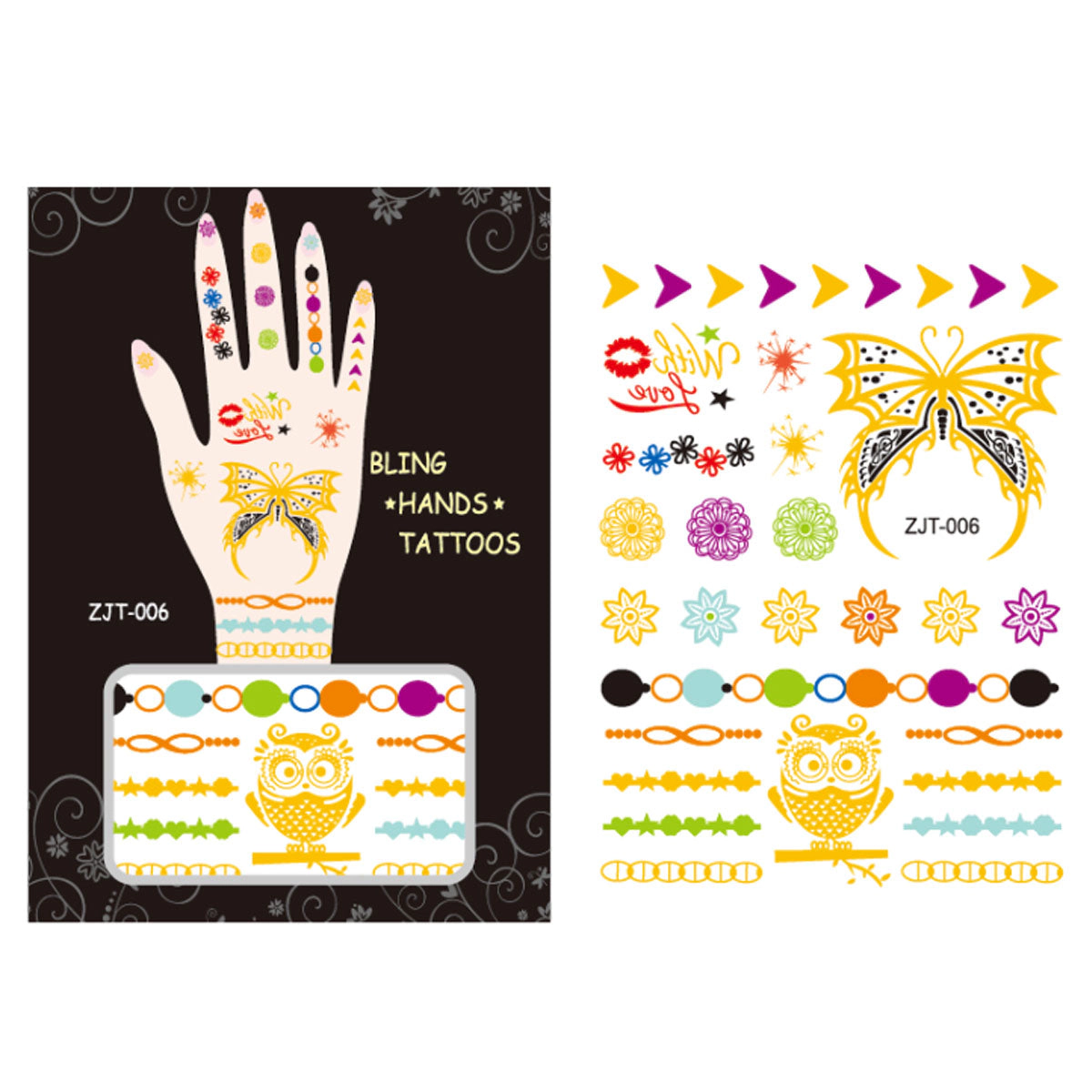 Wrapables Trendy Temporary Metallic Hand Tattoos, Butterfly, Owl, Geocircle