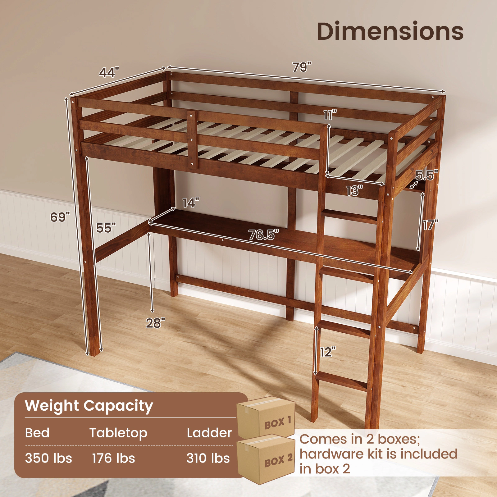 SUGIFT Brown Full-Length Desk and Guardrail Twin Size Kids Solid Wood Loft Bed