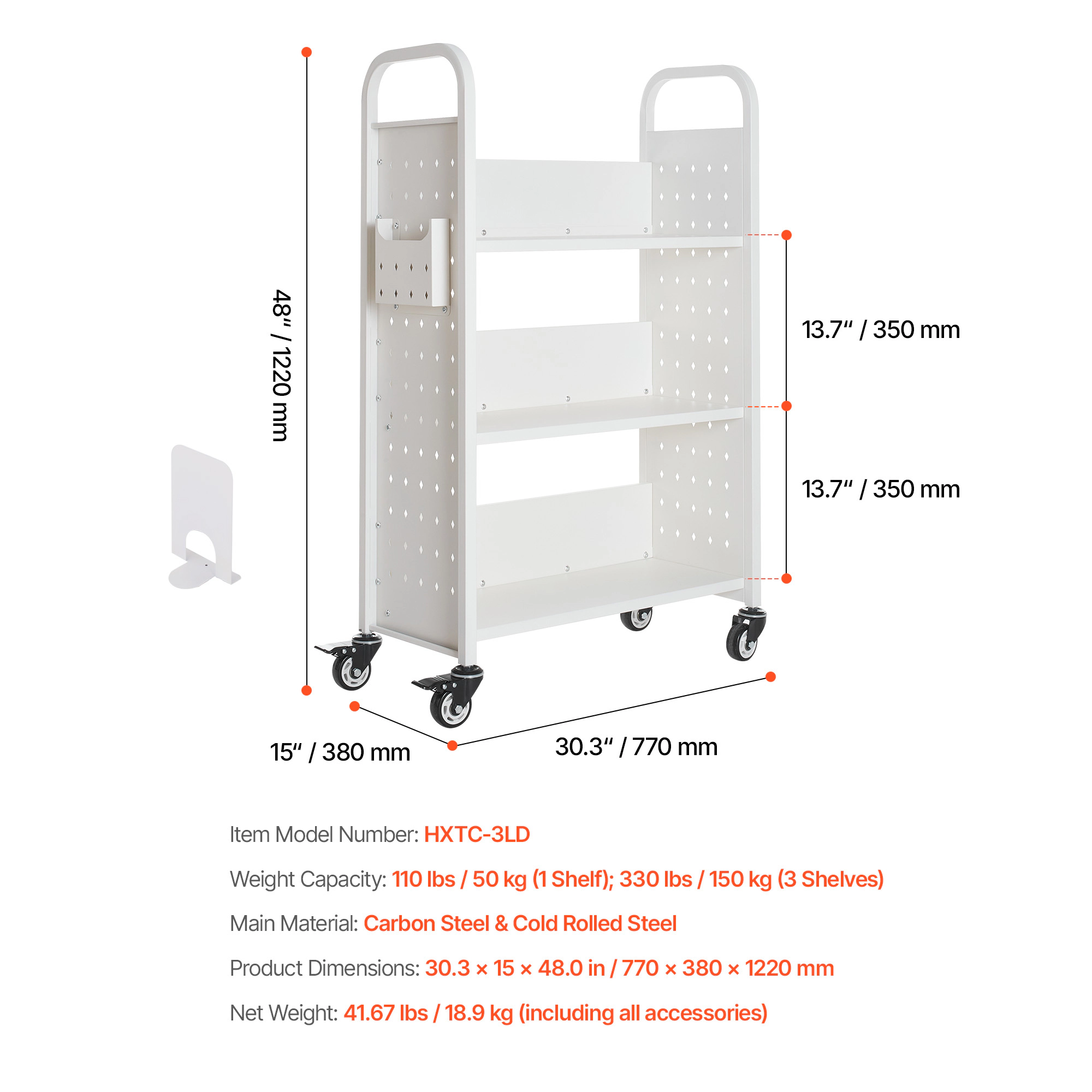 HONGGE Rolling Library Book Cart with L-Shaped Sided Shelves and Lockable Wheels for Home, Office, and School