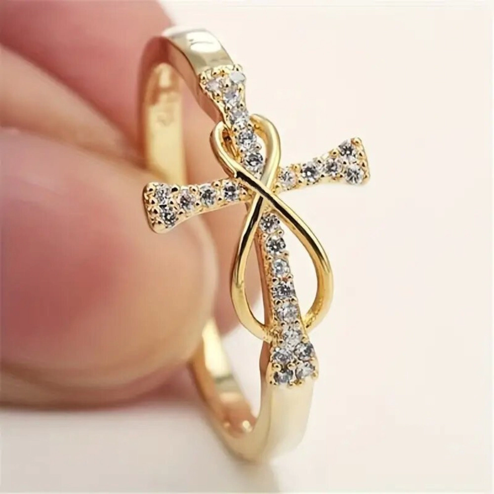 Women Fashion Cubic Zirconia Cross Ring Wedding Engagement Anniversary Party Jewelry