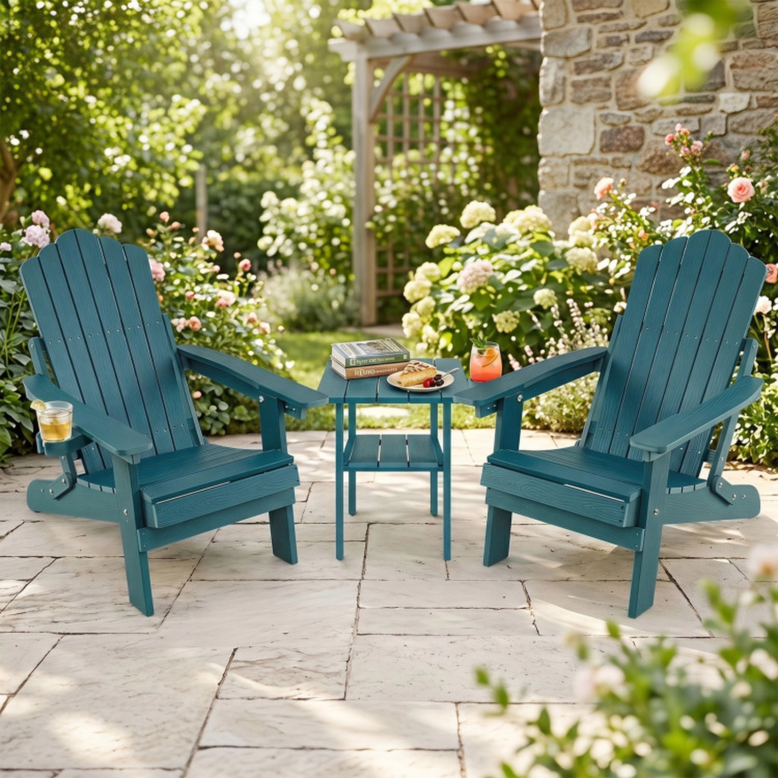 SUGIFT Set of 2 Outdoor Adirondack Chairs with 5-Level Backrest and Swivel Cup Holder 330-Lb Capacity Green HIPS Frame