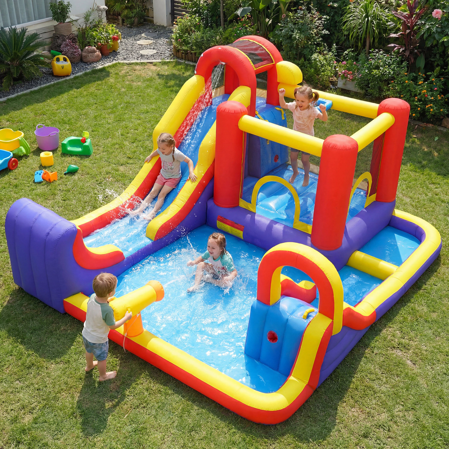 LJG Kids 7-in-1 Outdoor Bounce House with Dual Slides (without Blower)