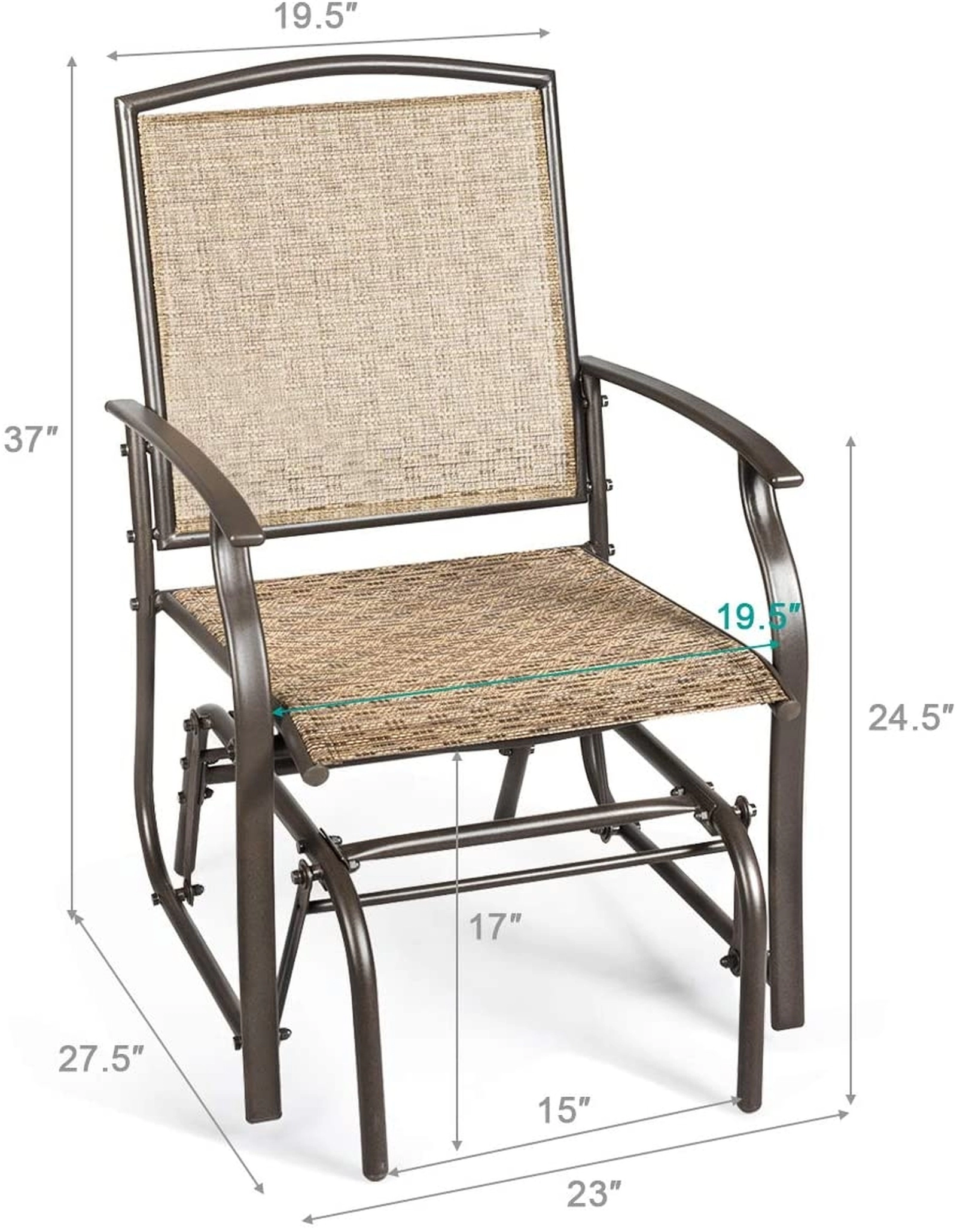 SUGIFT 2-Piece Patio Fabric and Iron Single Glider Rocking Chair Set 330-Lb Capacity Brown Outdoor Rocking Seating