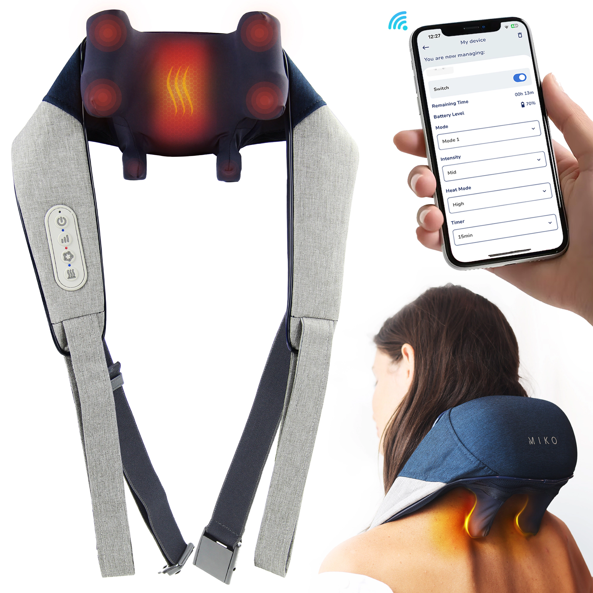 Miko Shiatsu Neck and Back Massager Hands Free & Heat - App Controlled