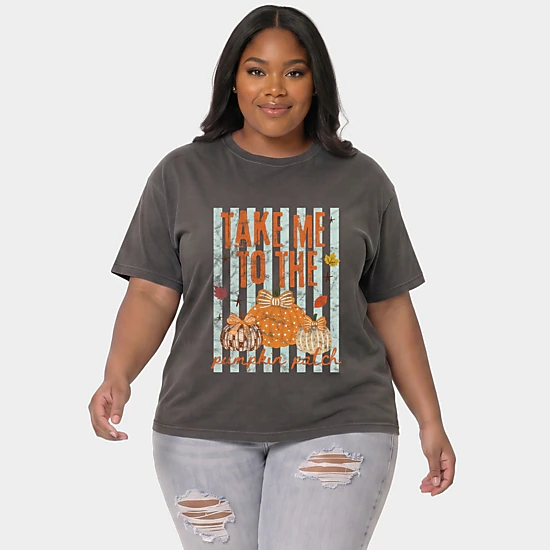 Simply Sage Market - Women's Plus Sized Garment Dyed Graphic T-Shirt - Take Me to the Pumpkin Patch Stripes
