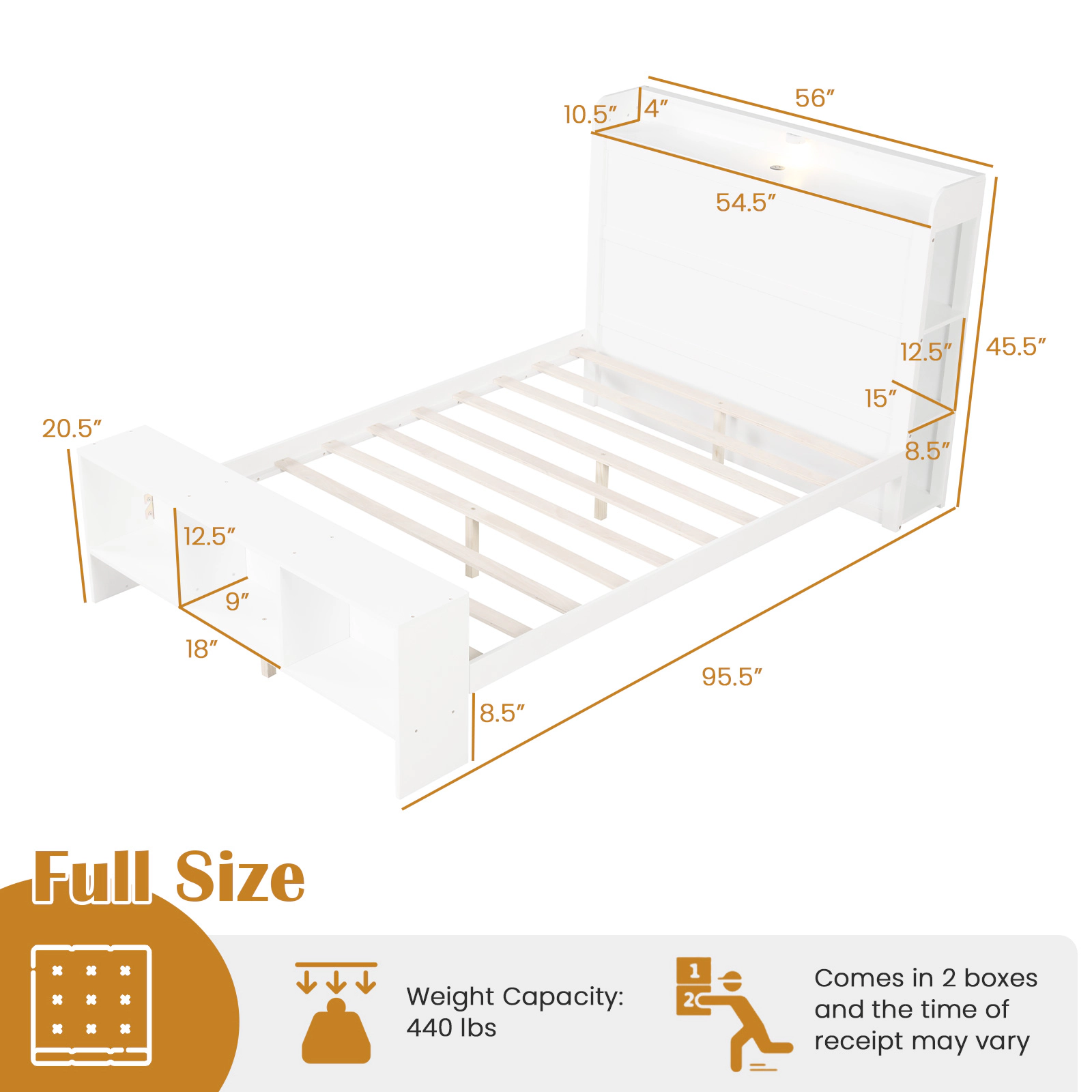 LJG Bed Frame with 2 USB Ports with Storage Headboard and Lights