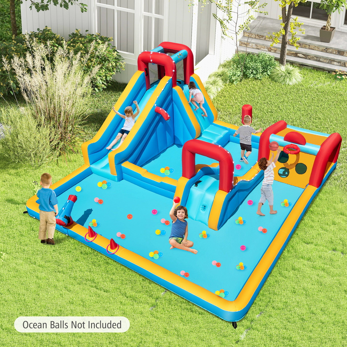 SUGIFT 9-in-1 Inflatable Double Water Slide Bounce House with Sprinkler Ramp Boxing Post and 735W Blower