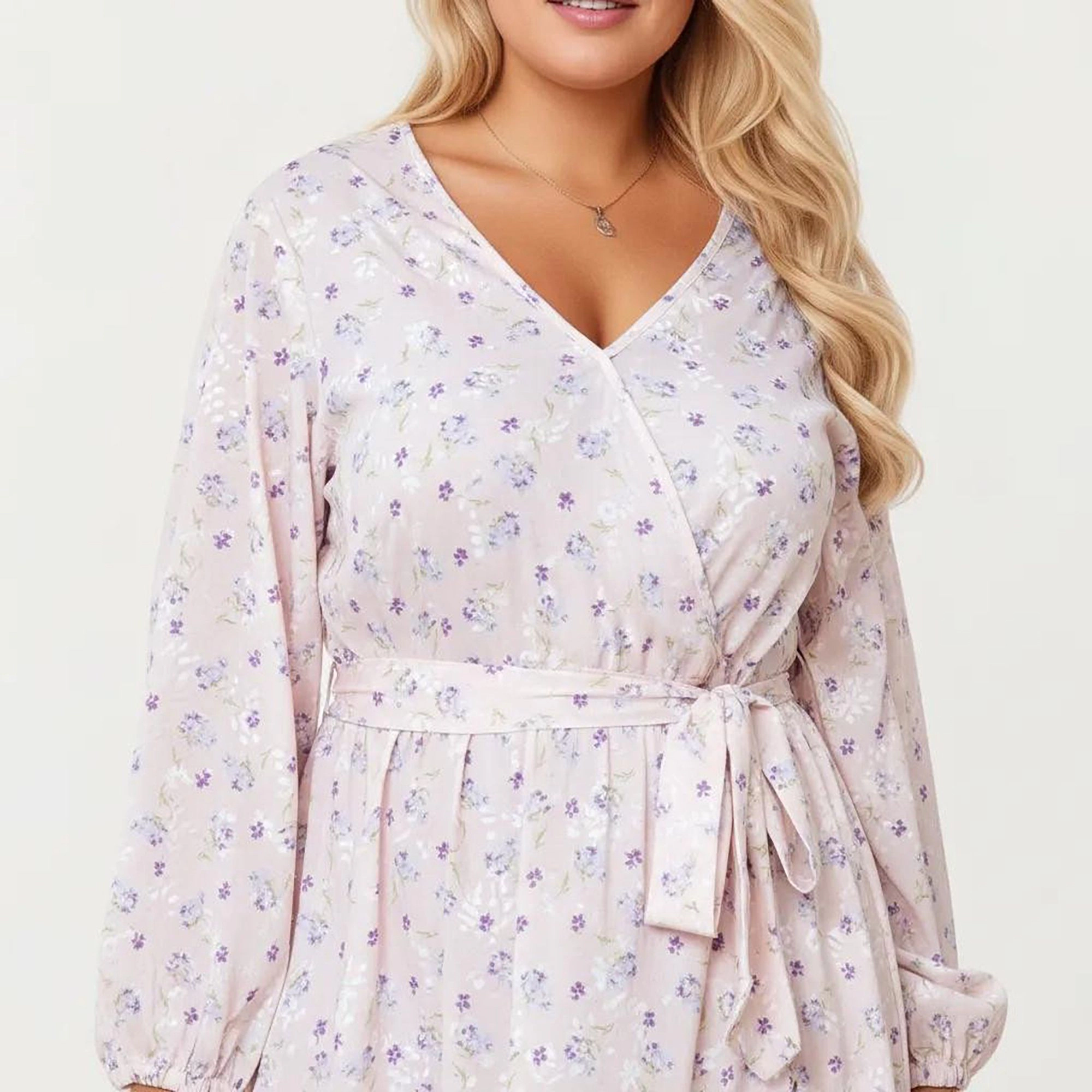 Anna-Kaci Women's Plus Floral Print Long Sleeve Wrap V Neck Adjustable Waist Tie Midi Dress