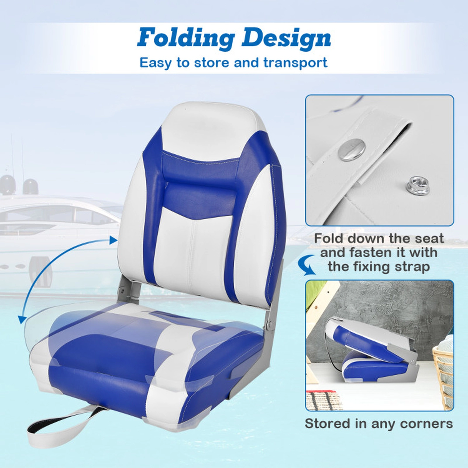 SUGIFT 250-lb Capacity High Back Padded Folding Boat Seat with Aluminum Hinges and Tie-Down Strap