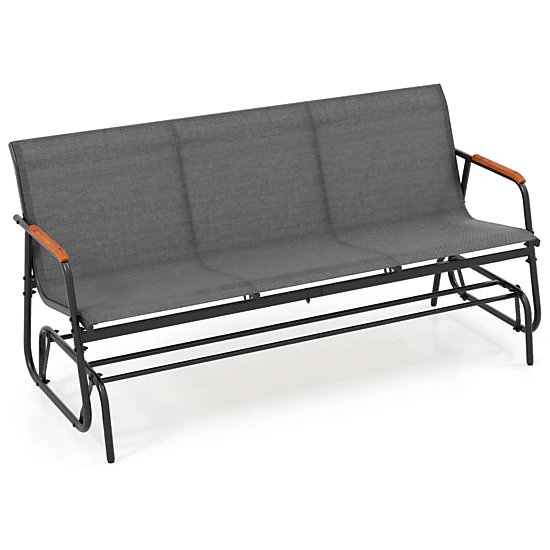 LJG Patio Glider Bench with Curved Teak Armrests and Breathable Fabric Seat for 3 People