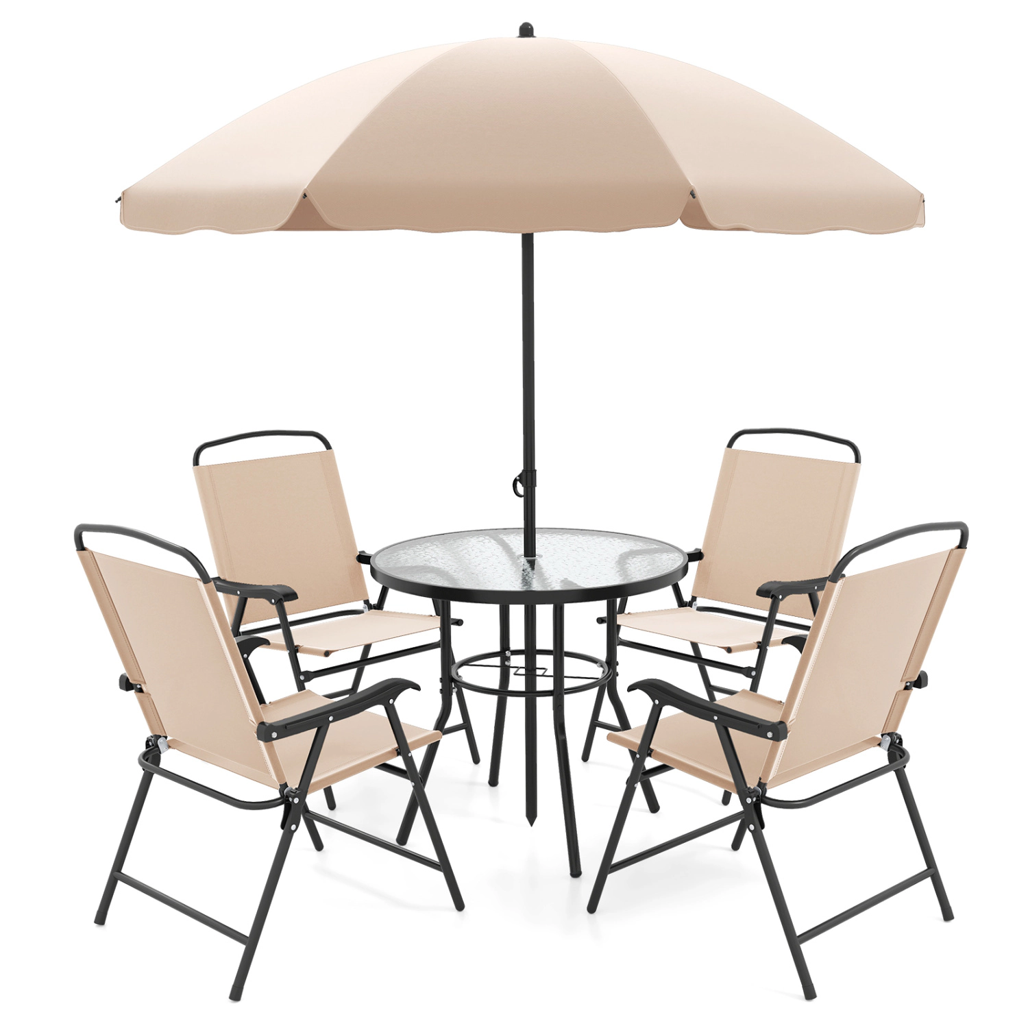 LJG 6 Pieces Patio Dining Set with Umbrella and 4 Folding Armchairs
