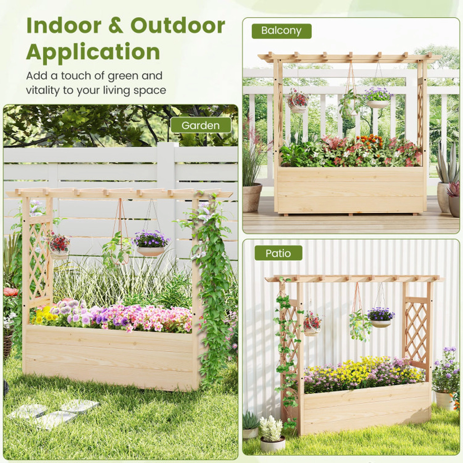 SUGIFT Raised Garden Bed Wooden Elevated Planter Box with Hanging Roof and Trellis 41-in Tall Natural Pine Wood 1-Pc