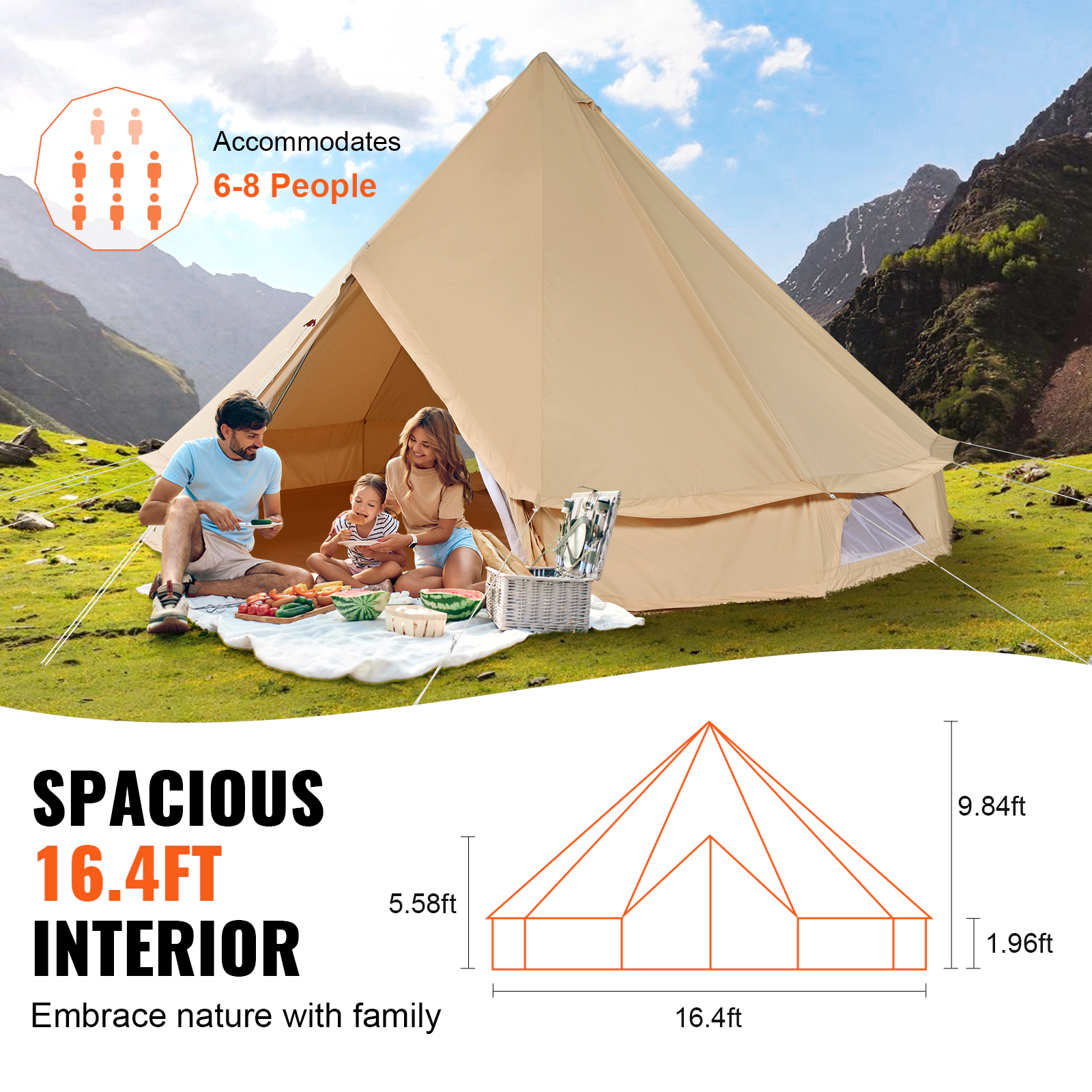 HONGGE Canvas Bell Tent 4 Seasons m/ Yurt Tent Canvas Tent for Camping with Stove Jack Breathable Tent Holds Family