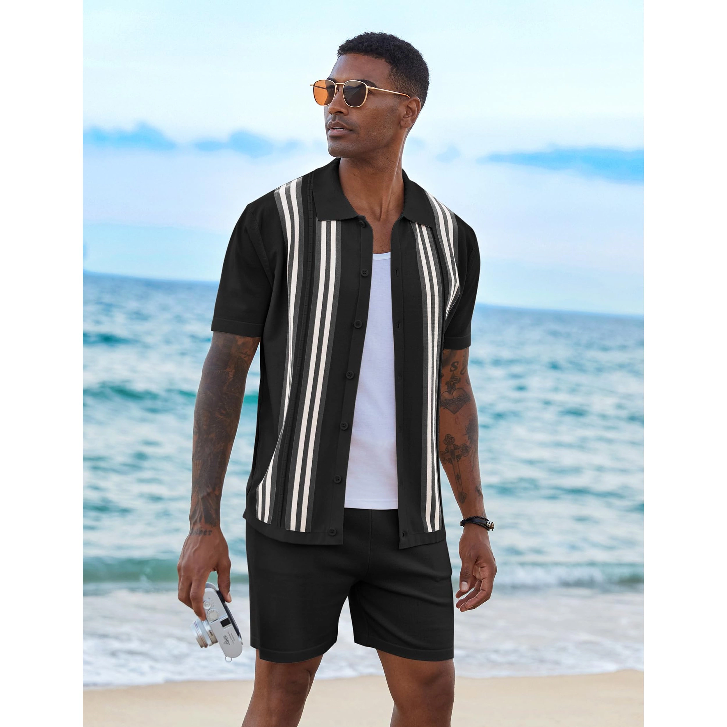 COOFANDY Men's Regular Fit Collar Neck Short Sleeve Shirt and Shorts Two Piece Set