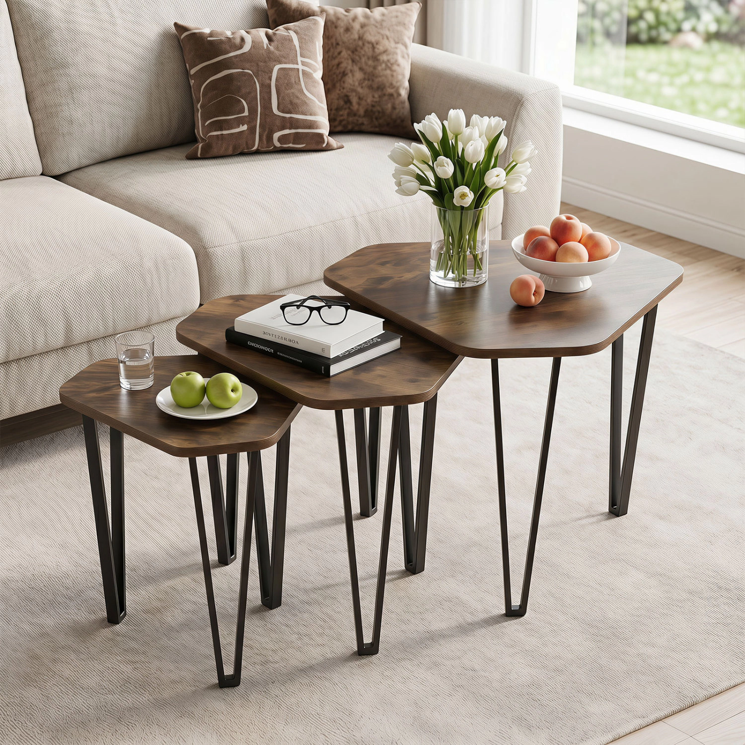 LJG Set of 3 Nesting Coffee Tables with Engineered Wood Top and Metal Frame for Living Room