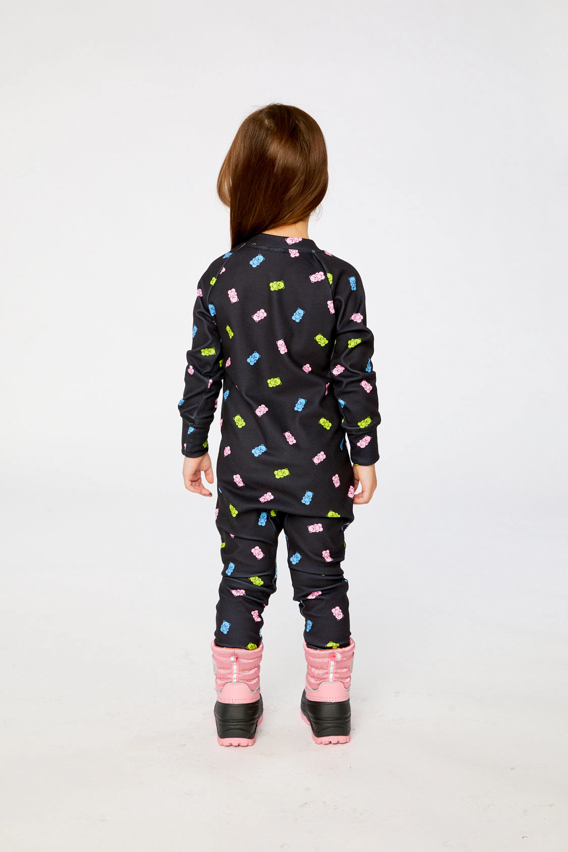 Deux par Girls One Piece Asymmetric Zip Thermal Underwear with Printed Gummy Bears