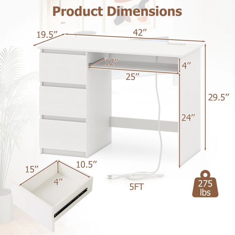 SUGIFT Computer Desk with Power Outlet Keyboard Tray and 3 Large Drawers 275-lb Capacity Natural/White