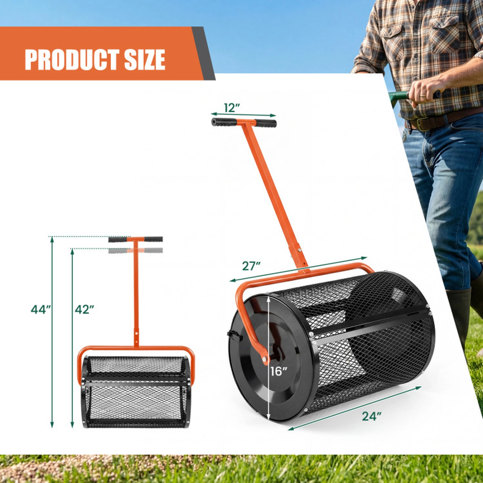 SUGIFT 24-in 2.7-cu ft Orange Compost Spreader Peat Moss Roller with Height Adjustable T-Shape Handle
