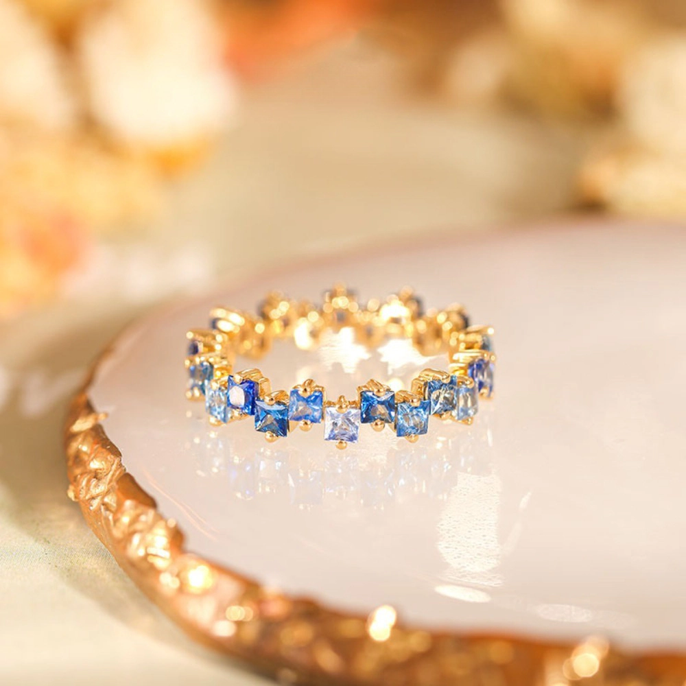 Wardrobe Whimsy Gradient Blue Square Cubic Zirconia Gold‑Tone Adjustable Ring