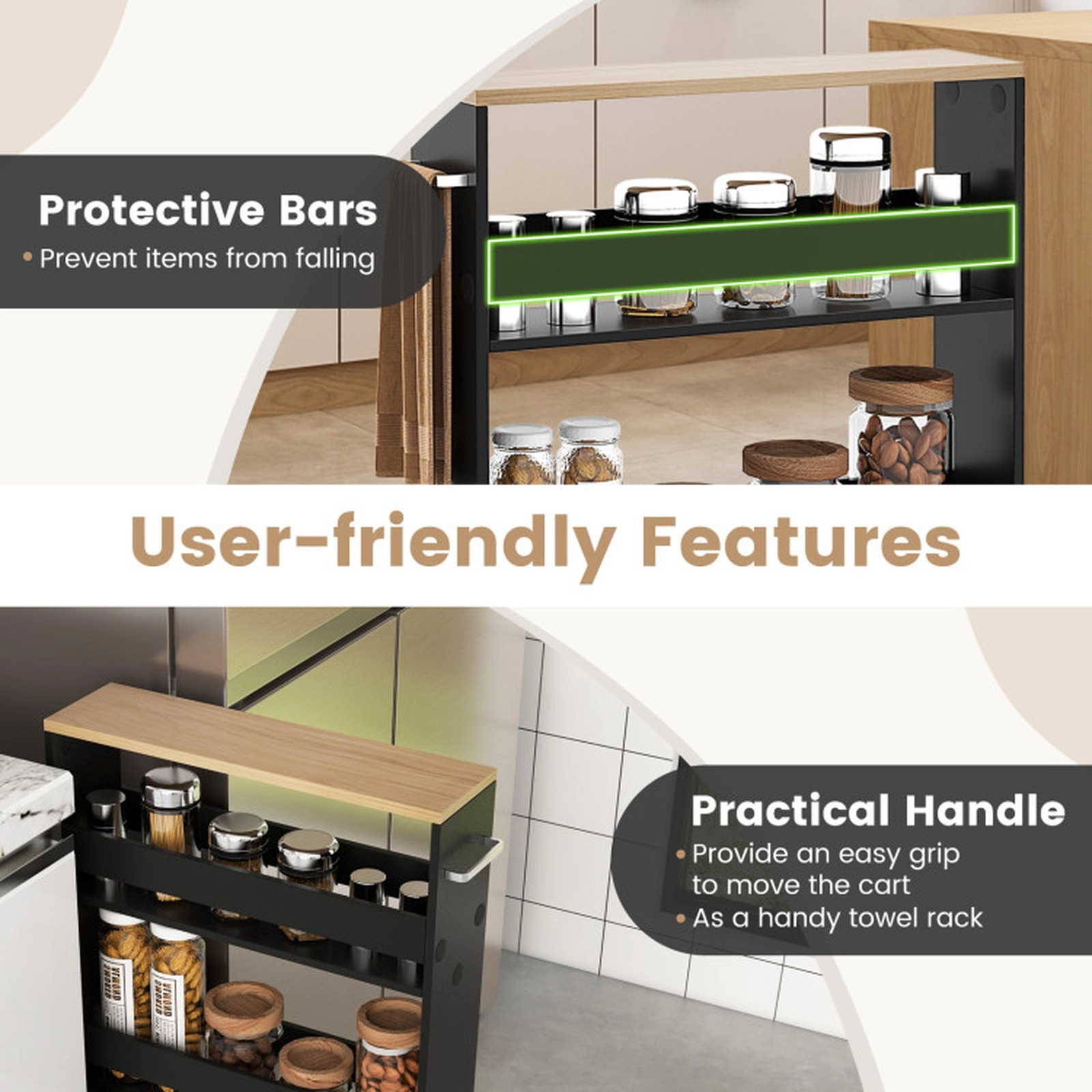 SUGIFT Rolling Kitchen Slim Storage Cart Black 4-Tier Organizer with Handle