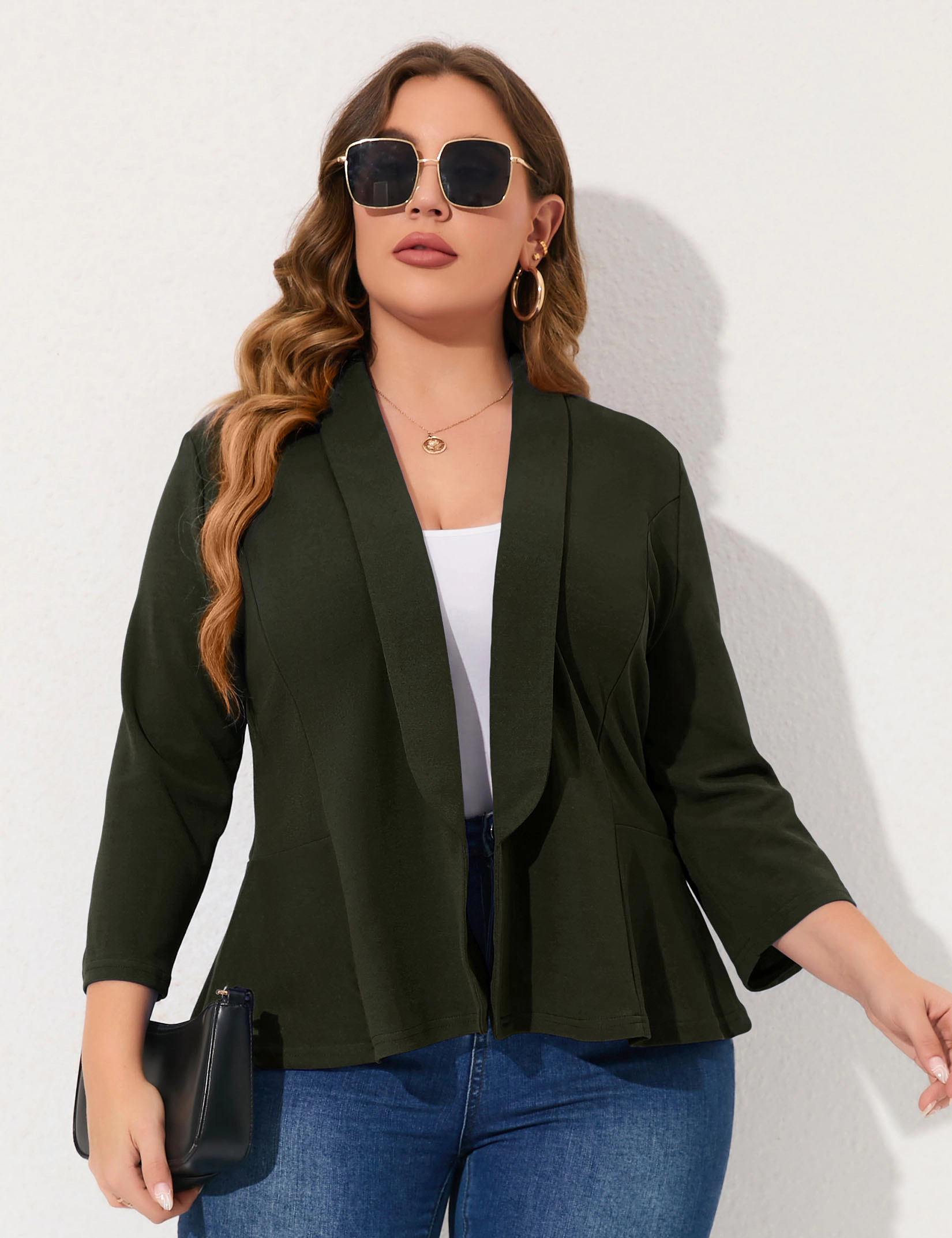 KOJOOIN Womens Blazer Plus Peplum, 3/4 Sleeve Lapel Open Front Lightweight Casual Work Jacket