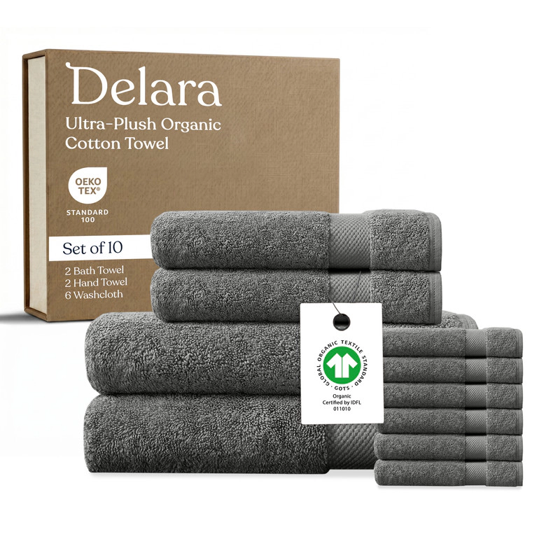 Delara Organic Cotton Luxuriously Plush Towels GOTS and Oeko-TEX Certified Feather Touch Technology Towel Set 10 Piece