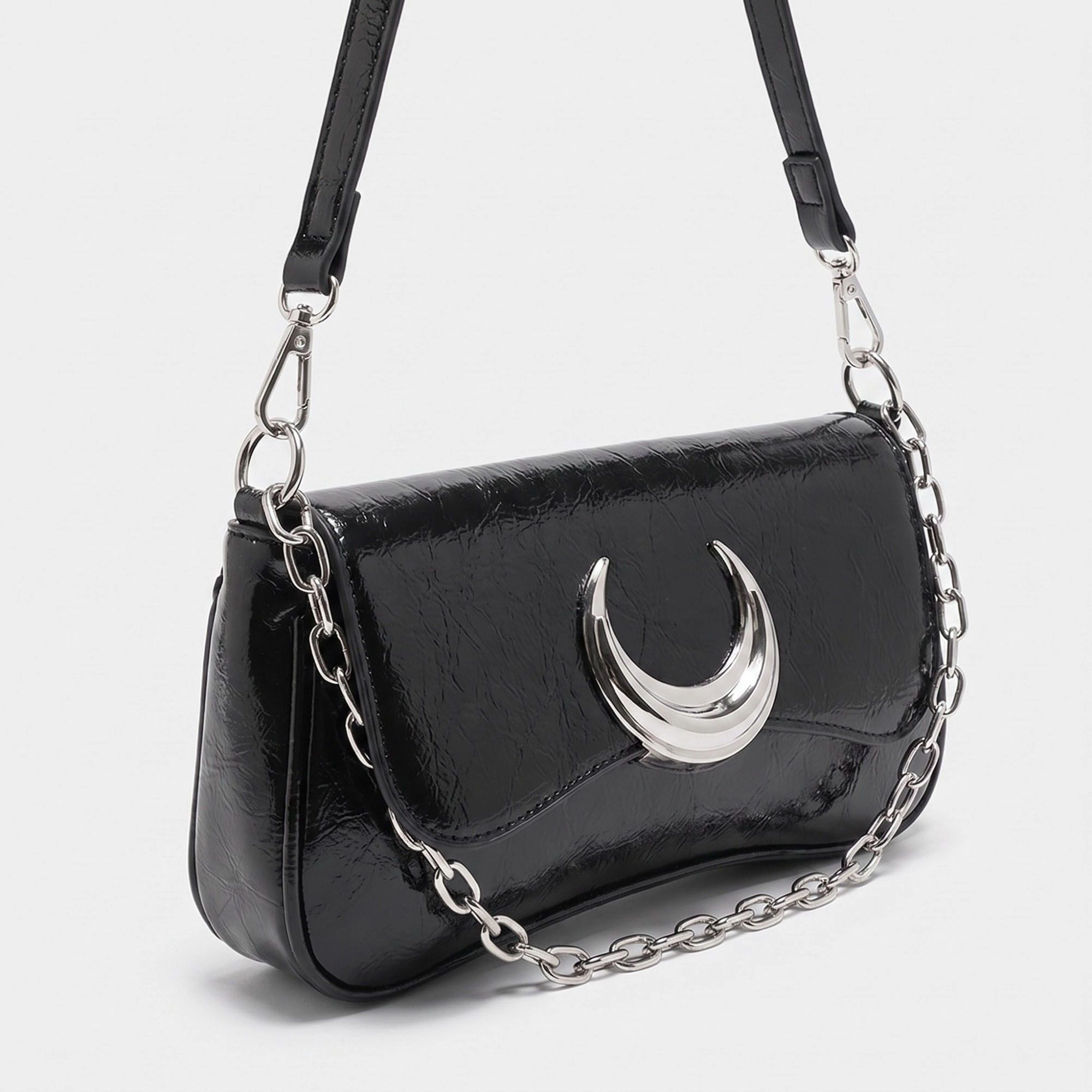 Alilang Women's Glossy Crescent Accent Flap Shoulder Bag with Chain Detail
