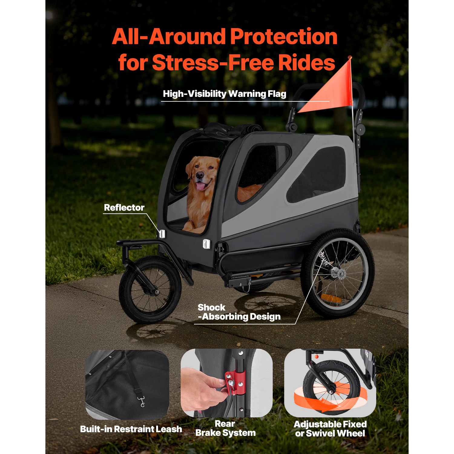 HONGGE 2-in-1 Dog Bike Trailer & Stroller, 100 lb Capacity, Built-In Leash, Foldable Frame for Large Dogs