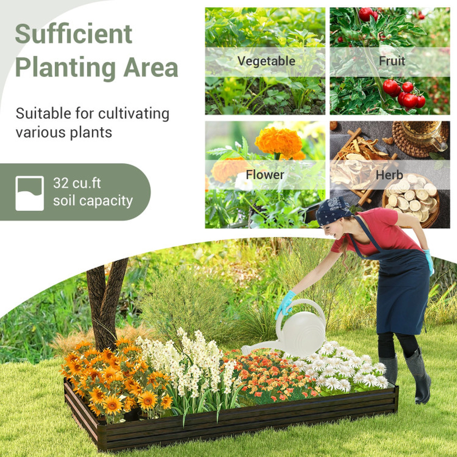 SUGIFT Large Outdoor Metal Planter Box Raised Garden Bed 12-in Tall 32-cu.ft Volume Coffee+Silver