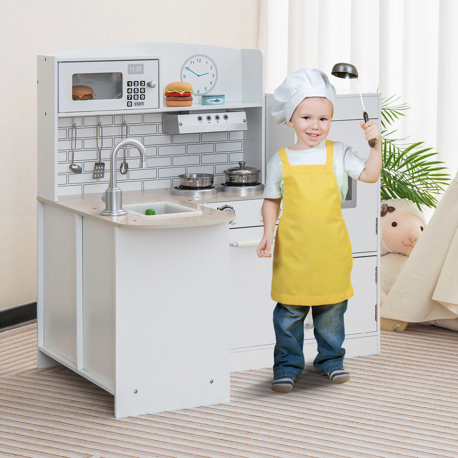 SUGIFT White Microwave Oven Stove and Side Refrigerator Kids Corner Kitchen Playset