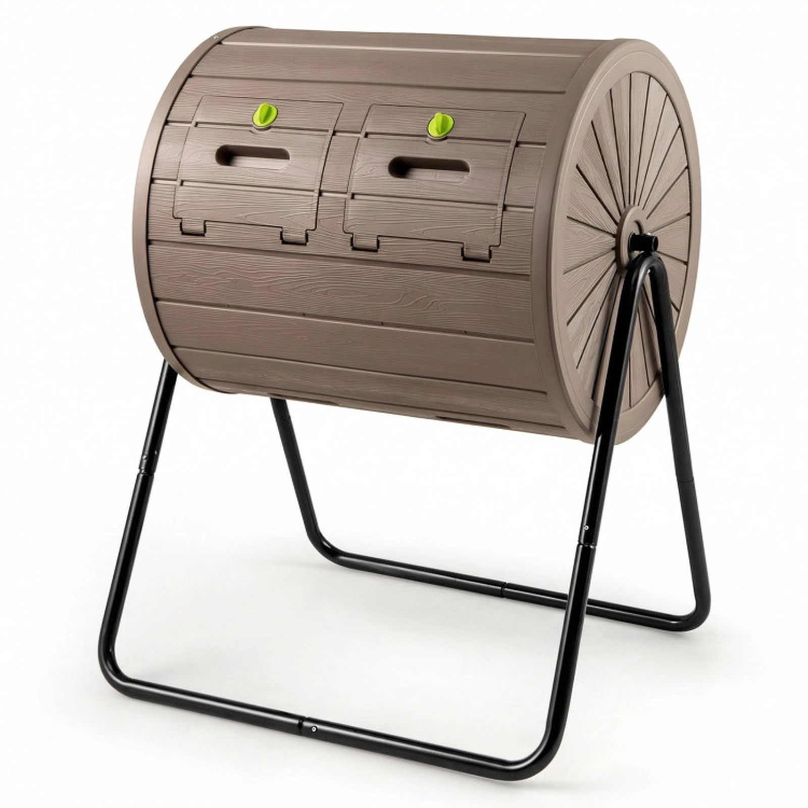 SUGIFT 37.5-gal Coffee Dual Chamber Outdoor Compost Bin Tumbler with 2 Lockable Doors and Wood Grain