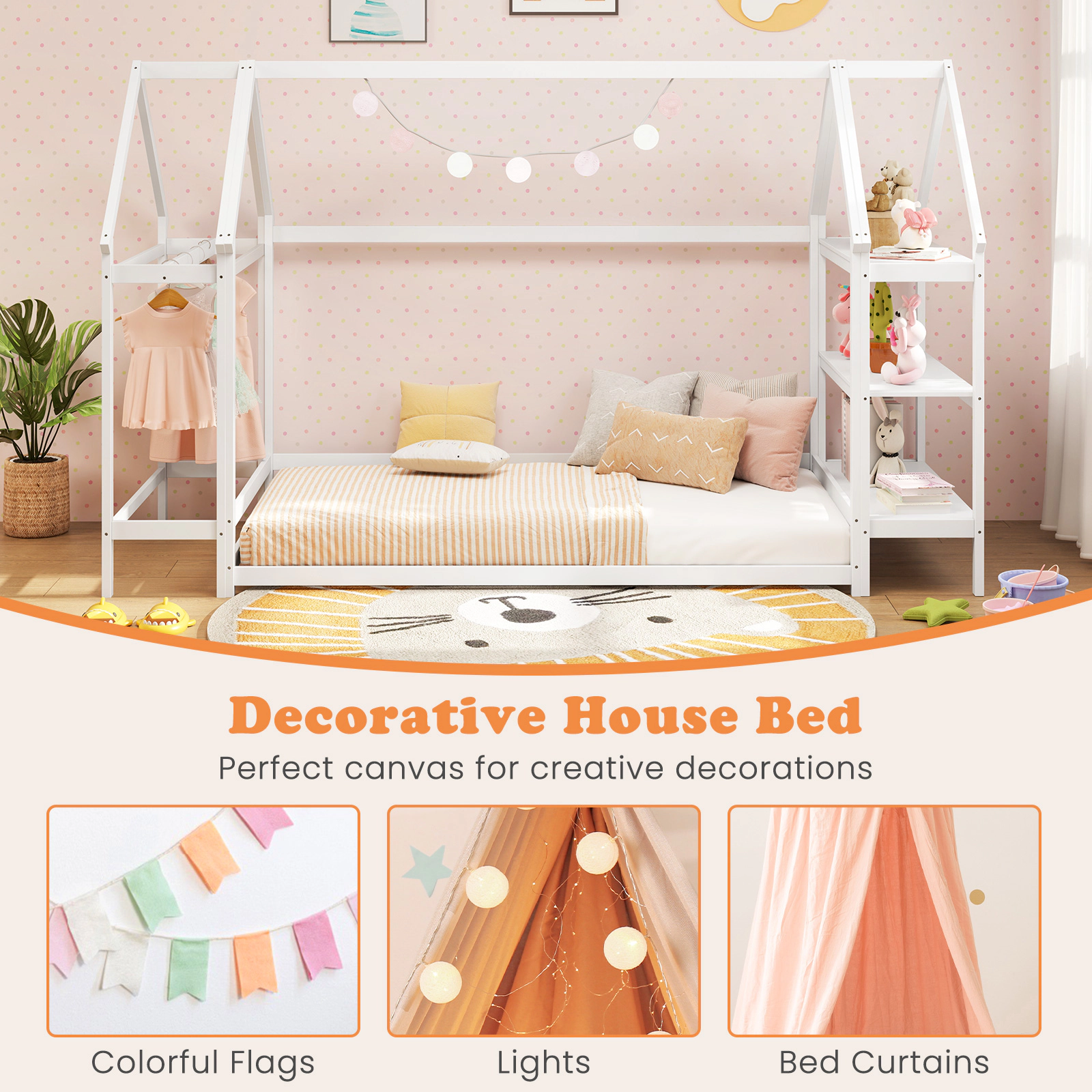 SUGIFT Montessori-Inspired Twin Size Floor House Bed Detachable Storage Shelves 88-lb Shelf Capacity Toddler Bed White