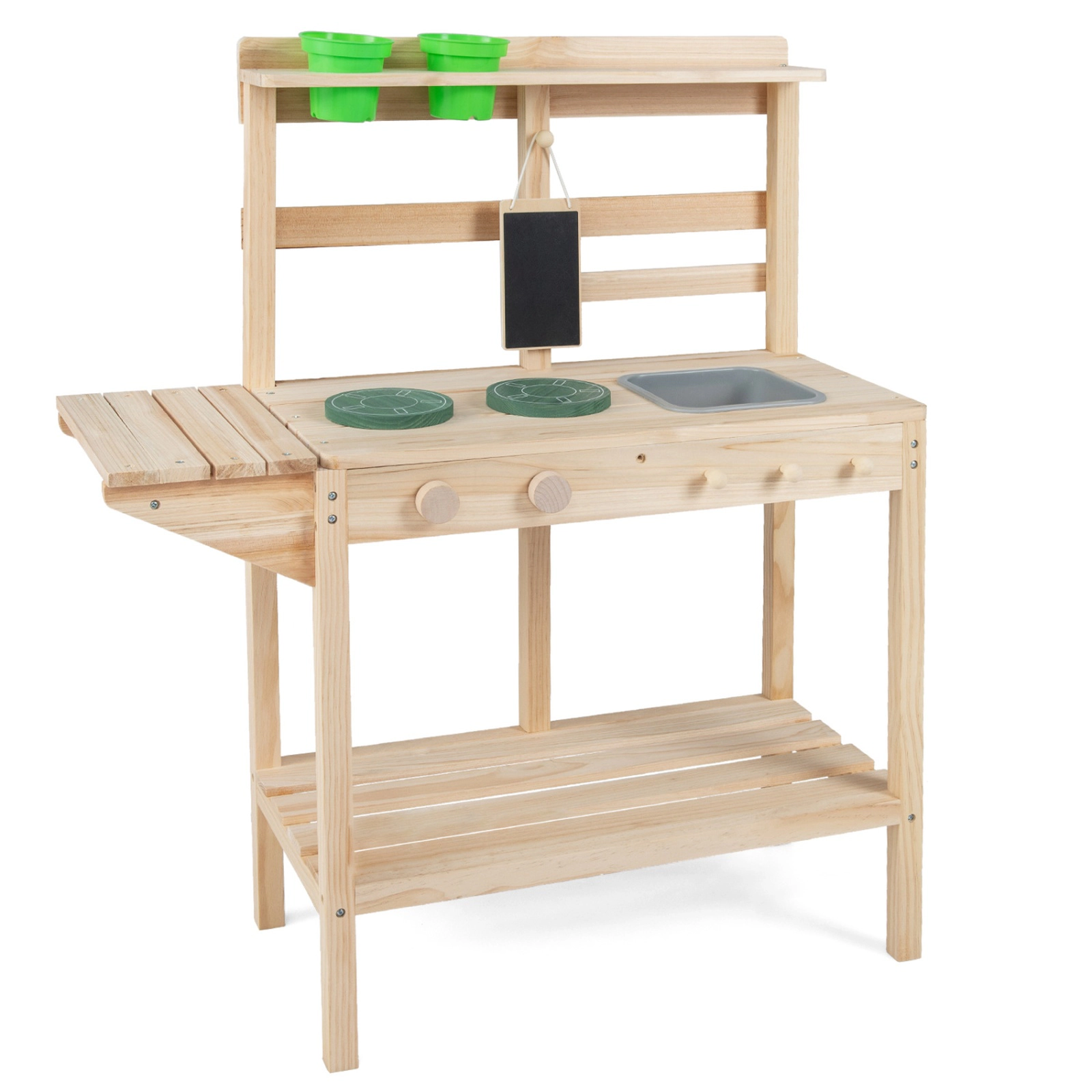 SUGIFT Natural Sink Stoves and Storage Shelves Kids Outdoor Wooden Mud Kitchen Playset
