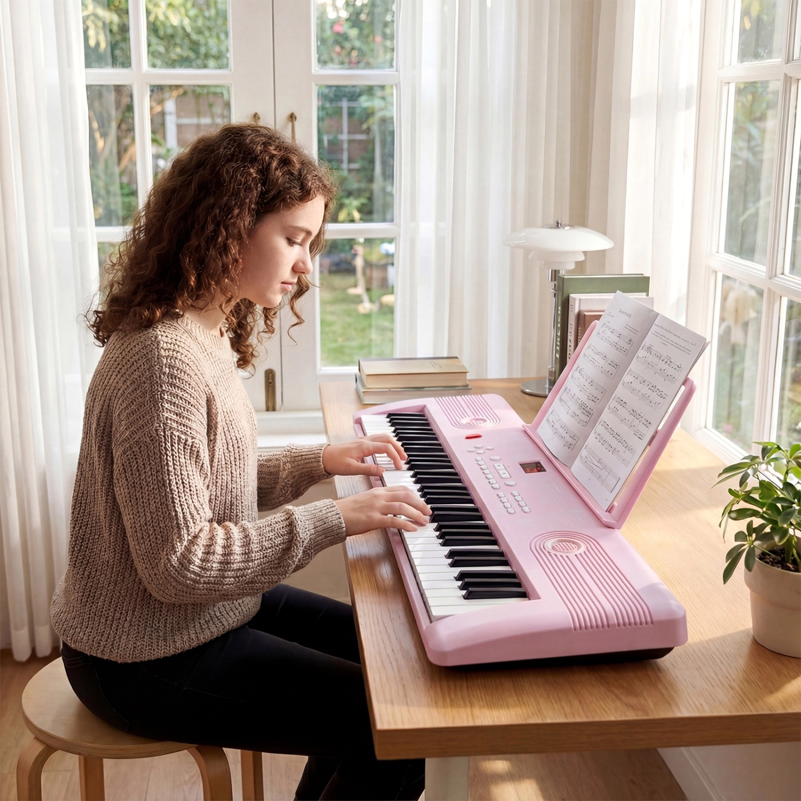SUGIFT Pink 61-Key Portable Electric Digital Keyboard Piano with Dual Speakers Keynote Stickers and Mic